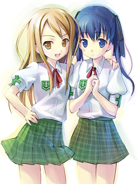takoyaki (roast), blue eyes, blue hair, brown eyes, brown hair, long hair, plaid clothes, plaid skirt, school uniform, serafuku, skirt, twintails