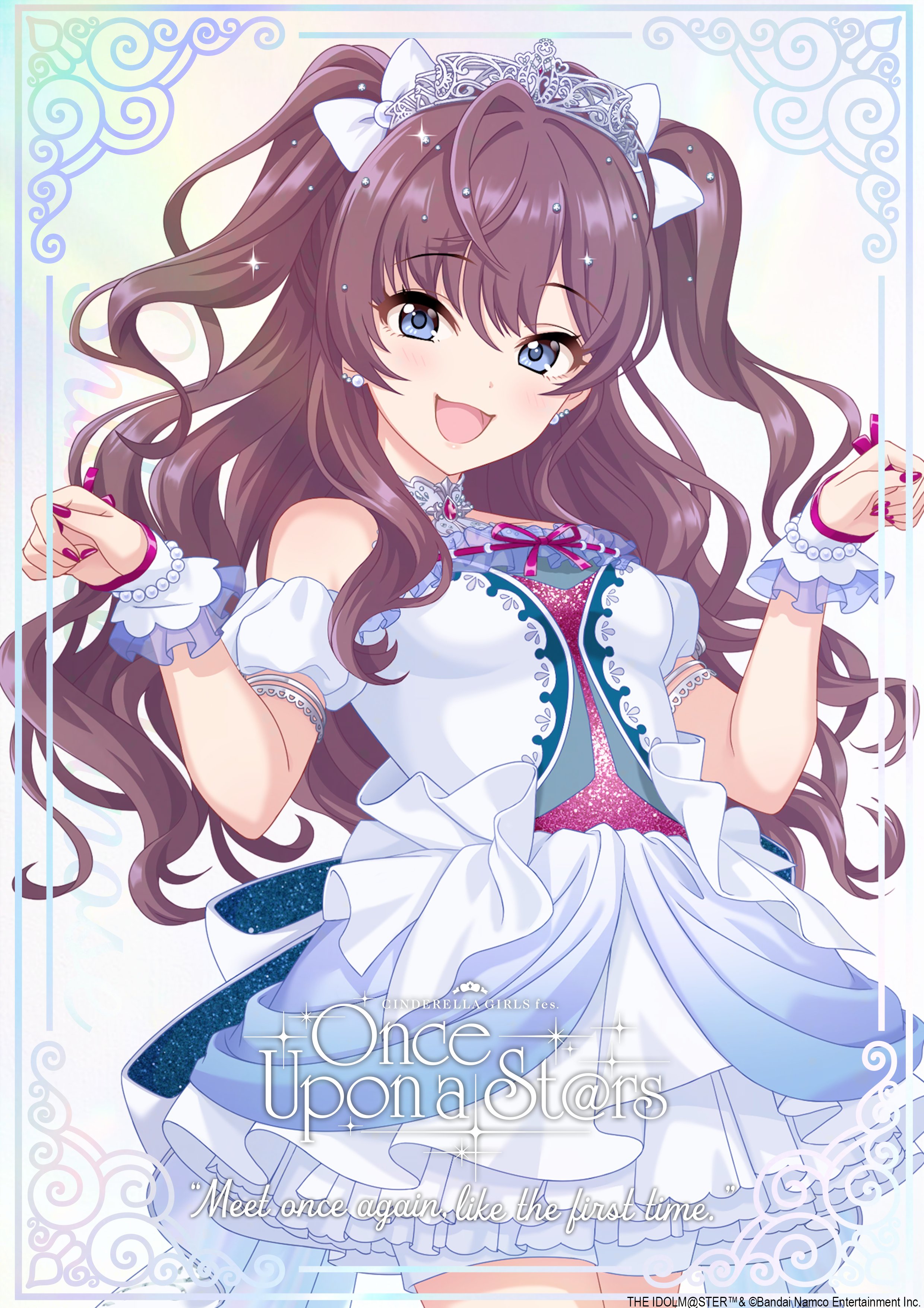 ichinose shiki, idolmaster, idolmaster cinderella girls, idolmaster cinderella girls starlight stage, official art, 1girl, armlet, blue eyes, bow, brown hair, dress, earrings, english text, fingerless gloves, gloves, hair bow, hair ornament, idol clothes, jewelry, nail polish, open mouth, solo, tiara, twintails