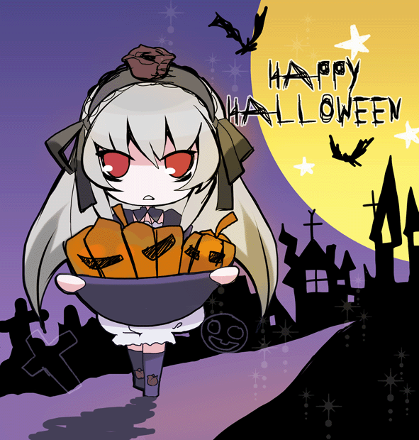 room603, suigintou, rozen maiden, silver hair, 00s, 1girl, chibi, dress, female focus, hairband, halloween, happy halloween, jack-o'-lantern, pumpkin, purple background, red eyes, solo