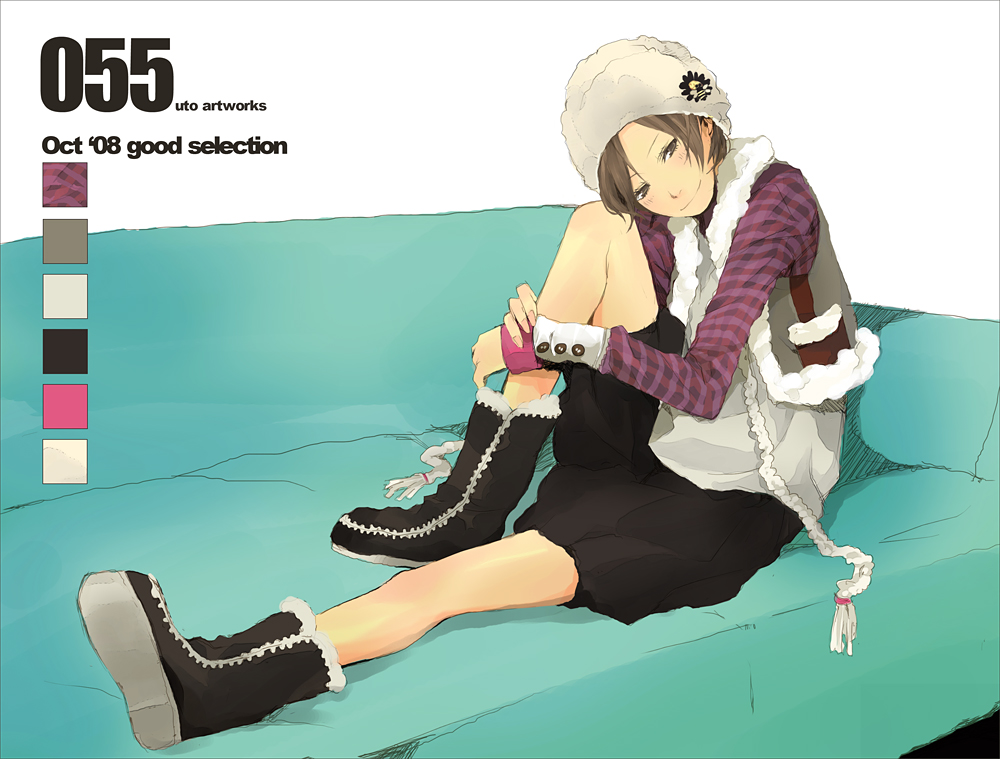 yoshito, original, 1girl, beanie, black boots, blouse, boots, color guide, english text, fashion, female focus, fur-trimmed vest, fur trim, hat, plaid clothes, plaid shirt, purple shirt, shirt, sitting, solo, vest