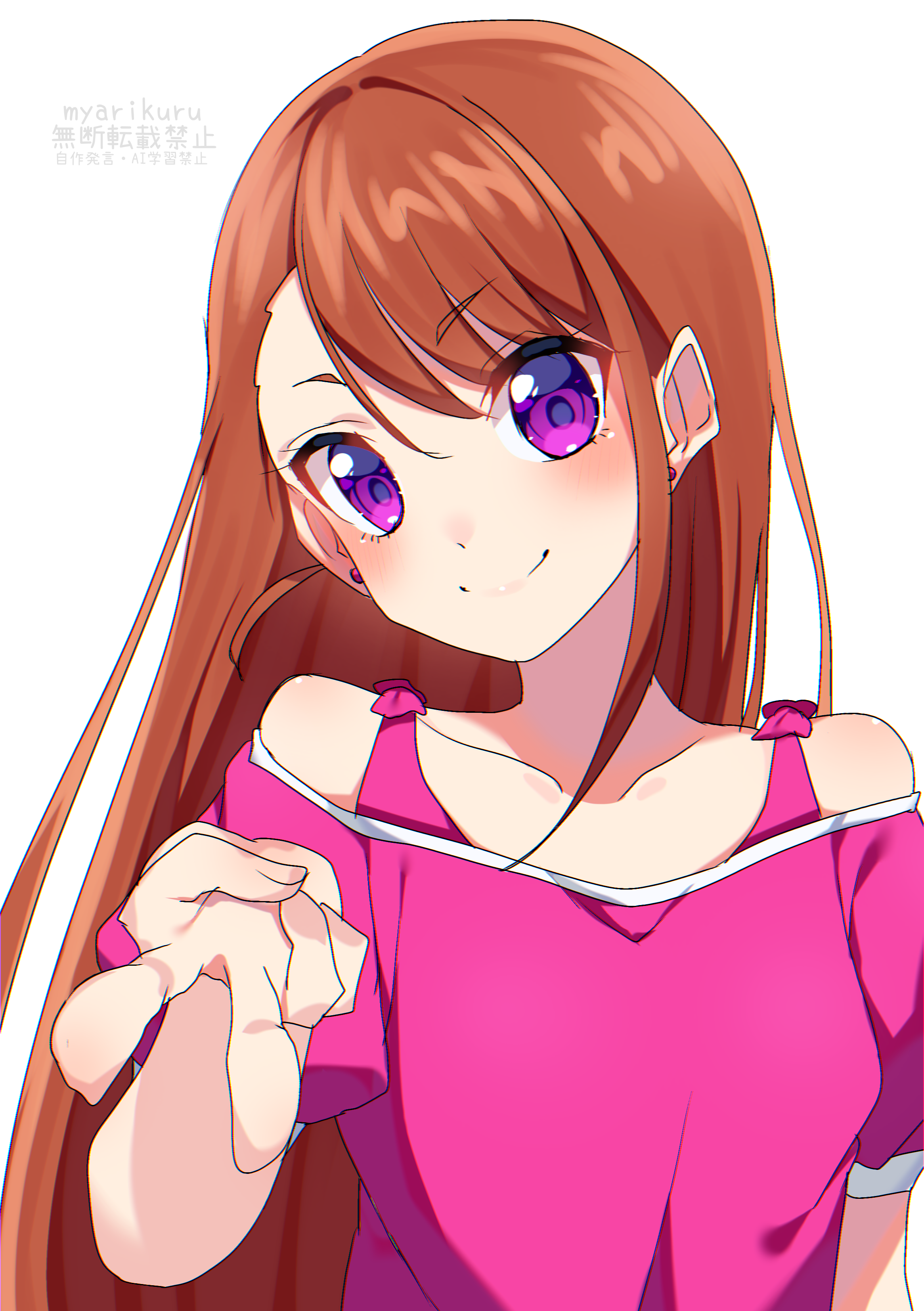 myarikuru, hijiri ageha, hirogaru sky! precure, precure, absurdres, commentary, highres, 1girl, asymmetrical bangs, brown hair, earrings, foreshortening, grimace, head tilt, jewelry, long hair, looking at viewer, pink shirt, purple eyes, shirt, shirt straps, short sleeves, simple background, smile, solo, stud earrings, upper body, v, white background