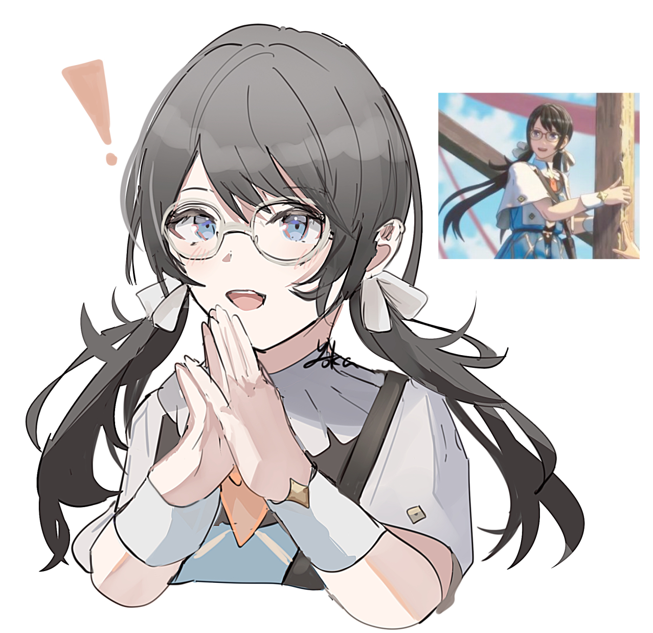 yoka (103xp), fire emblem, fire emblem: fortune's weave, nintendo, character request, highres, !, 1girl, black hair, blue eyes, blush, bow, capelet, dress, game screenshot inset, glasses, hair bow, long hair, looking at viewer, open mouth, own hands together, reference inset, simple background, smile, solo, twintails, upper body, white capelet, wristband