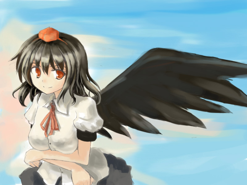 hokamichi, taji (crowview), shameimaru aya, touhou, 1girl, black hair, black wings, female focus, hat, looking at viewer, red eyes, skirt, sky, solo, wings