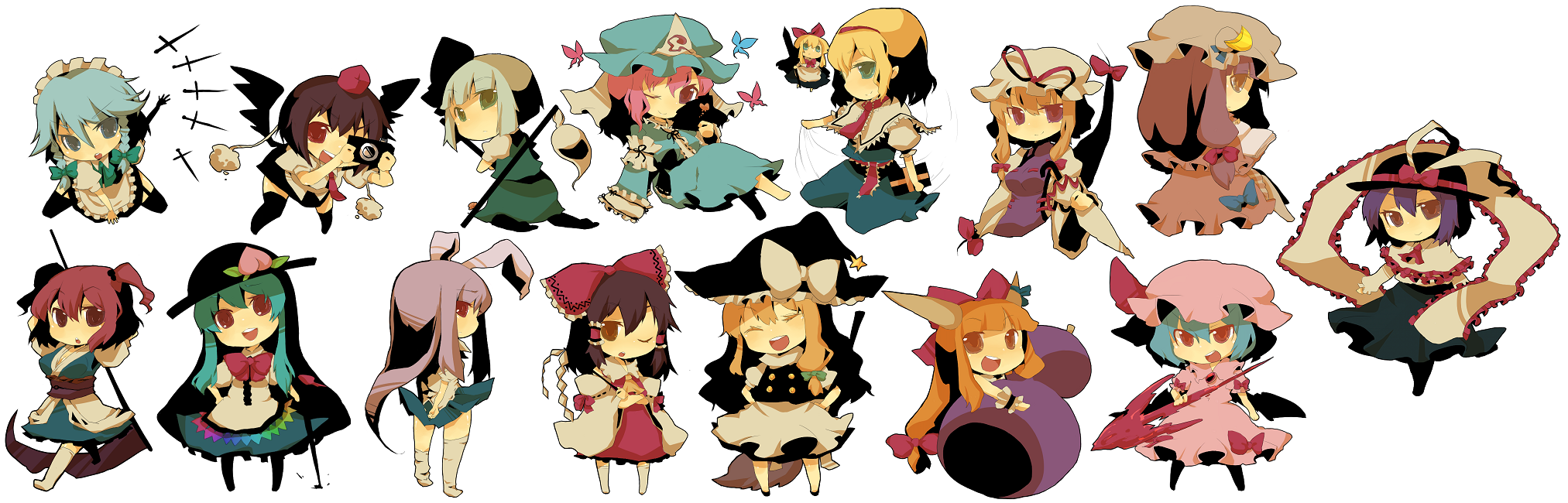 azuma seiji, alice margatroid, hakurei reimu, hinanawi tenshi, ibuki suika, izayoi sakuya, kirisame marisa, konpaku youmu, nagae iku, onozuka komachi, patchouli knowledge, reisen udongein inaba, remilia scarlet, saigyouji yuyuko, shameimaru aya, shanghai doll, yakumo yukari, scarlet weather rhapsody, touhou, highres, long image, wide image, 6+girls, bug, butterfly, chibi, everyone, female focus, full body, hat, insect, mob cap, multiple girls, oversized object, simple background, white background