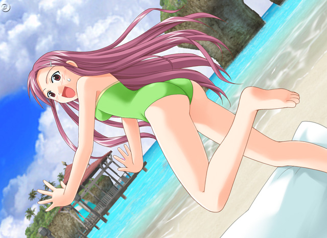 kakizaki misa, mahou sensei negima!, game cg, non-web source, 00s, 1girl, ass, barefoot, beach, blush, brown eyes, casual one-piece swimsuit, day, dutch angle, feet, female focus, green one-piece swimsuit, long hair, one-piece swimsuit, pink hair, purple hair, solo, swimsuit