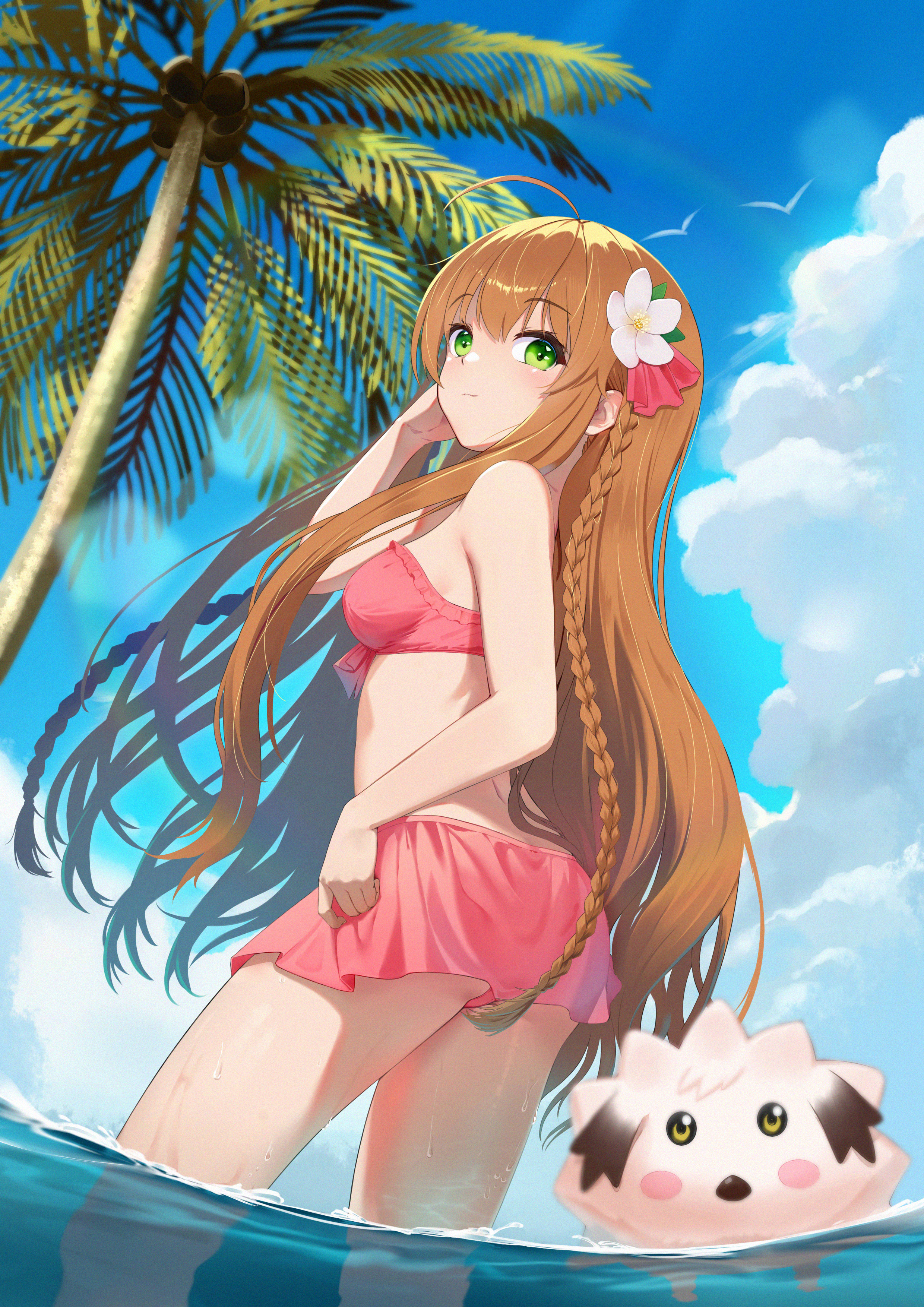 kano (kotailo), chibi-moth, kanbe kotori, rewrite, absurdres, chinese commentary, commentary request, highres, 1girl, ahoge, alternate costume, ass, bikini, bikini skirt, blue sky, blush, blush stickers, braid, breasts, brown hair, closed mouth, cloud, coconut, coconut tree, cowboy shot, cumulonimbus cloud, day, dutch angle, eyelashes, film grain, floating hair, flower, from behind, green eyes, hair between eyes, hair flower, hair ornament, hair ribbon, hand up, long hair, looking at viewer, looking back, medium breasts, outdoors, palm tree, pink bikini, pink ribbon, ribbon, sidelocks, sky, smile, solo, sunlight, swimsuit, tareme, tree, twin braids, very long hair, wading, water, wet, white flower, yellow eyes