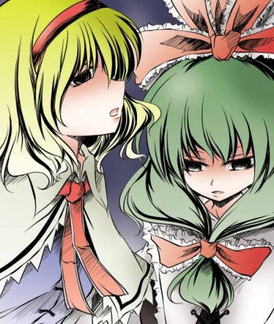 kurinton, alice margatroid, kagiyama hina, touhou, lowres, 2girls, blonde hair, bow, female focus, frills, front ponytail, green hair, hair bow, long hair, multiple girls, ribbon
