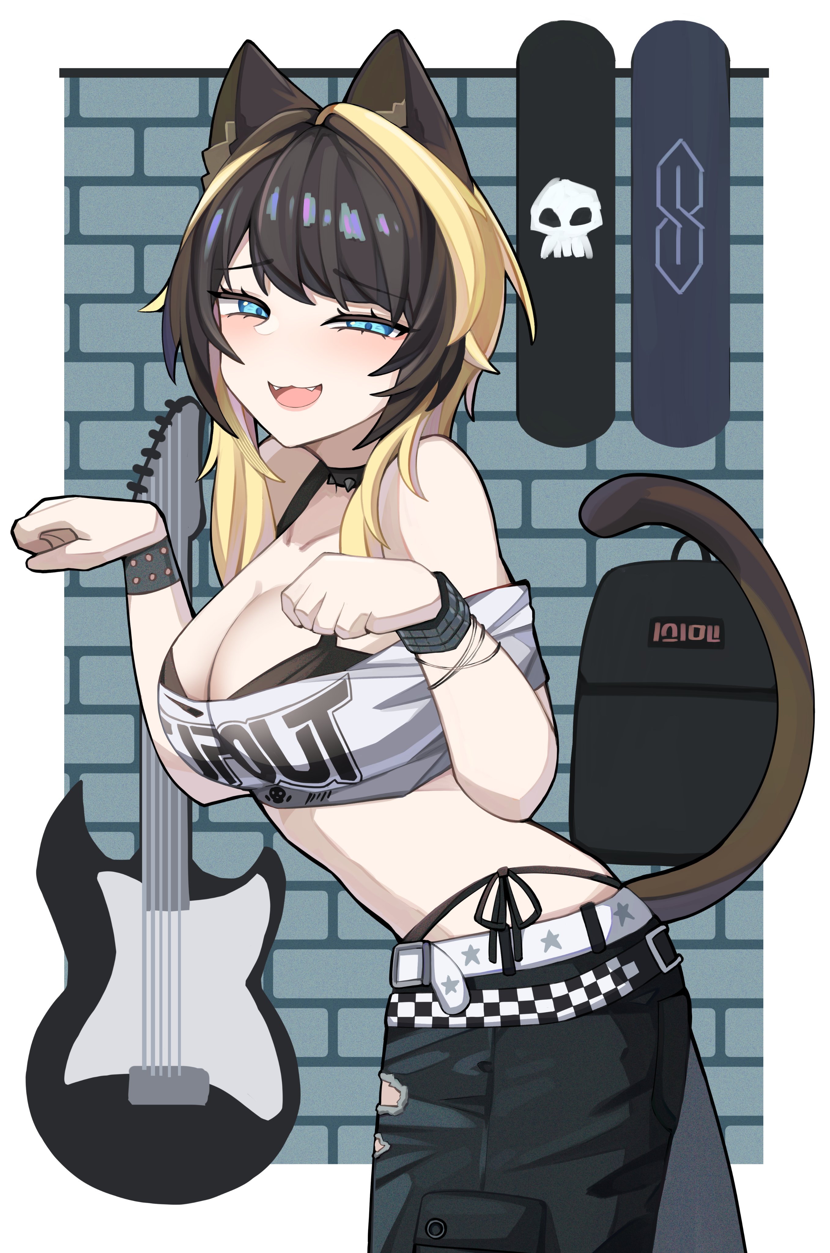 yuu azma, indie virtual youtuber, absurdres, highres, second-party source, 1girl, :d, animal ears, bare shoulders, belt, black bra, black hair, black pants, blonde hair, blue eyes, bra, breasts, cat ears, cat tail, cleavage, clothes writing, cowboy shot, electric guitar, fangs, guitar, instrument, large breasts, long hair, looking at viewer, multicolored hair, off-shoulder shirt, off shoulder, open mouth, pants, shirt, short sleeves, smile, solo, standing, tail, two-tone hair, underwear, white belt, white shirt