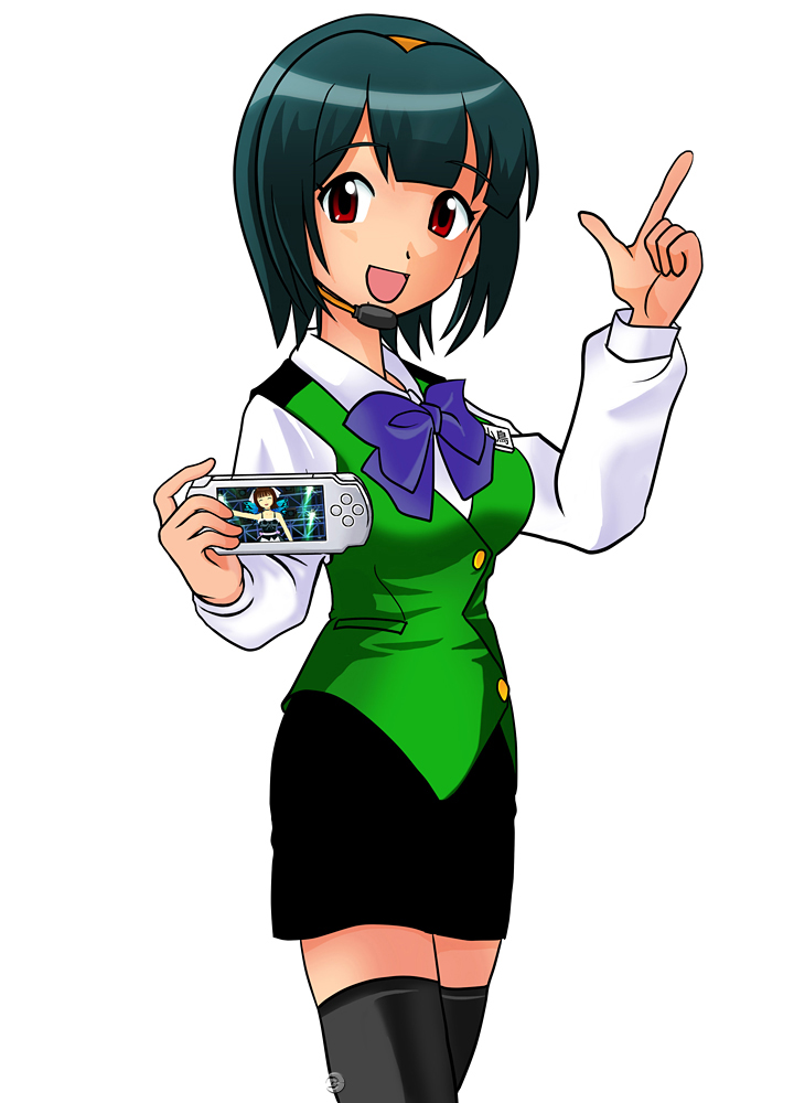 otonashi kotori, idolmaster, idolmaster (classic), idolmaster 1, non-web source, official art, 00s, 1girl, female focus, green hair, handheld game console, headset, microphone, playstation portable, red eyes, short hair, solo, thighhighs