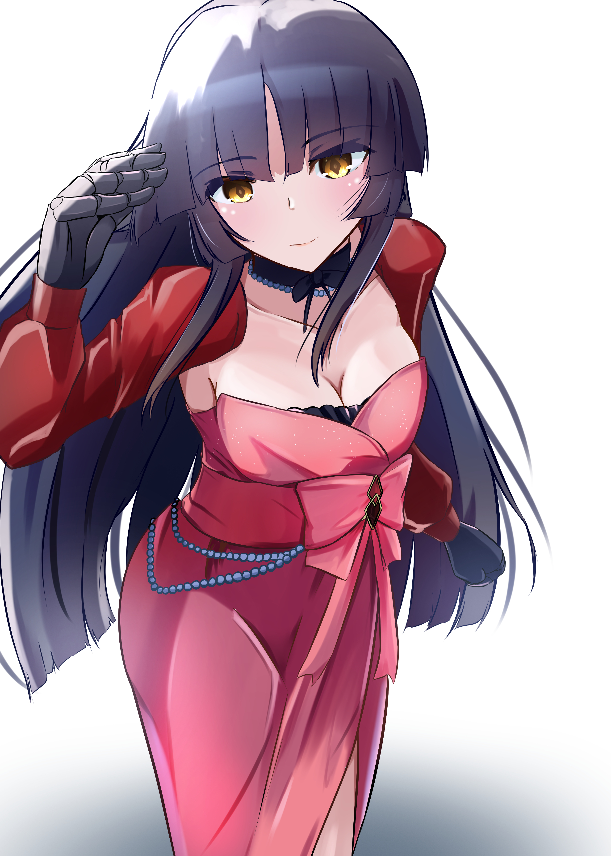littlesnow33, katou danzou (celebratory attire) (fate), katou danzou (fate), fate/grand order, fate (series), absurdres, highres, 1girl, bead necklace, beads, black hair, breasts, cleavage, dress, jewelry, long hair, looking at viewer, mechanical hands, medium breasts, necklace, pink dress, smile, solo, yellow eyes