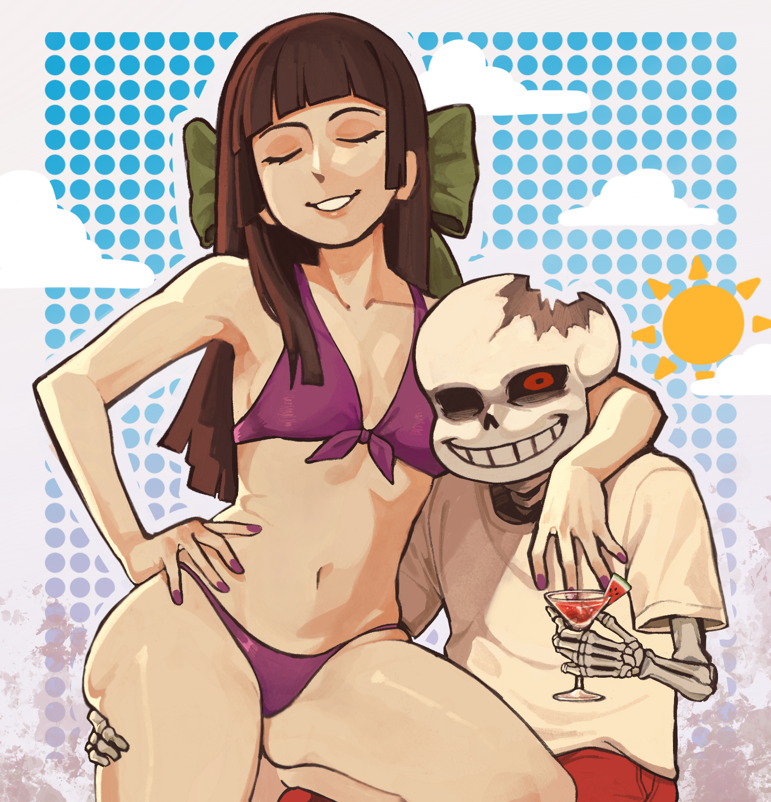 sans (undertale), horrortale, undertale, utdr (toby fox), commentary, english commentary, highres, 1boy, 1girl, aged up, aliza (horrortale), bikini, bow, breasts, brown hair, cleavage, closed eyes, cloud, cocktail glass, cracked skull, cup, drinking glass, food, fruit, grabbing another's ass, green bow, groping, holding, holding cup, lips, long hair, looking at viewer, minominoks, navel, pants, purple bikini, purple nails, red eyes, red pants, sans (horrortale), shirt, skeleton, smile, sun, swimsuit, teeth, watermelon, watermelon slice, white shirt