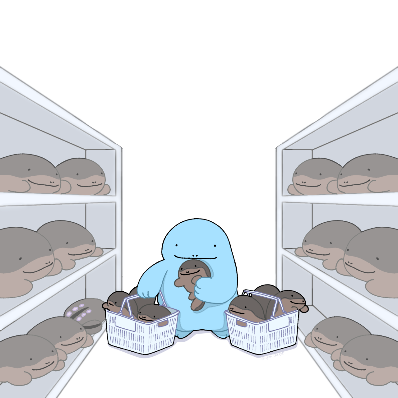 syan san135, clodsire, quagsire, nintendo, pokemon, commentary request, highres, . ., basket, character doll, closed mouth, doll, gen 2 pokemon, holding, holding basket, holding stuffed toy, no humans, nostrils, pokemon (creature), pokemon focus, shelf, simple background, smile, solo, stuffed toy, white background