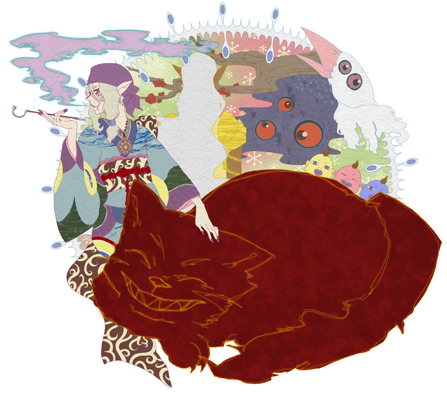 nishiyama (whatsoy), kusuriuri (mononoke), mononoke, 00s, 1boy, bakeneko, bandana, blonde hair, blue eyes, facepaint, hair tie, japanese clothes, jewelry, kimono, kiseru, makeup, male focus, medallion, necklace, obi, pointy ears, sash, simple background, smoking, smoking pipe, solo, sun symbol, traditional youkai