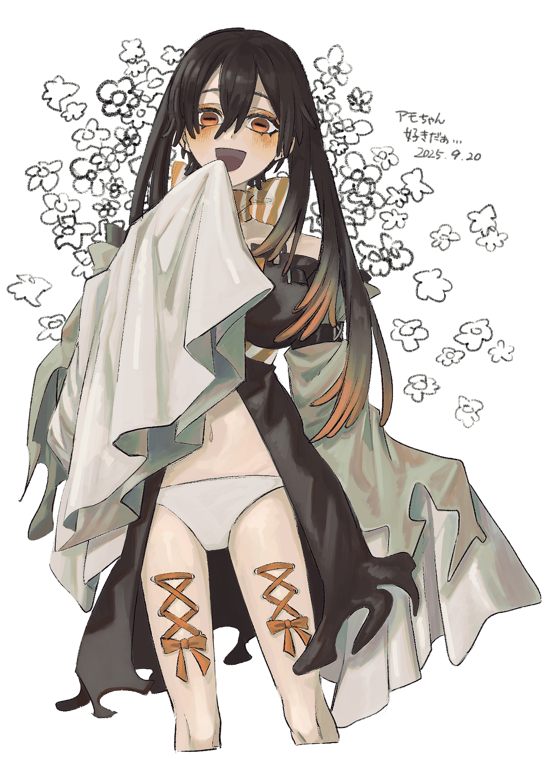 amo empool, gachiakuta, absurdres, highres, 1girl, brown dress, brown hair, colored tips, corset piercing, detached sleeves, dress, flower, long hair, looking at viewer, multicolored hair, navel, open clothes, open dress, open mouth, orange eyes, orange hair, orange ribbon, ribbon, smile, solo, supako, white sleeves