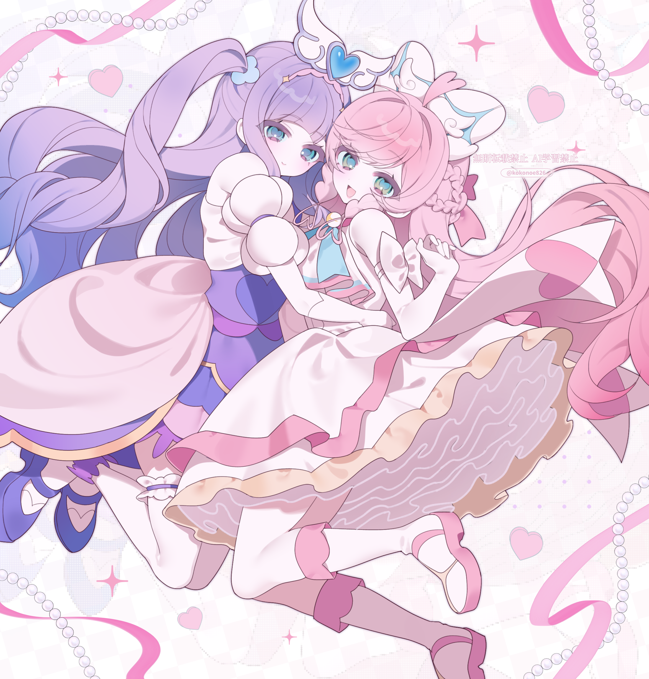 kokonoe826, cure majesty, cure prism, nijigaoka mashiro, hirogaru sky! precure, precure, highres, 2girls, aqua eyes, ascot, boots, bow, braid, brooch, closed mouth, clothing cutout, crown braid, dress, elbow gloves, floating, frilled thigh strap, glove bow, gloves, green eyes, hair bow, hair ornament, half-dress, heart, high heels, hug, jewelry, knee boots, layered dress, legs up, long hair, magical girl, medium dress, multiple girls, open mouth, pink hair, purple dress, purple hair, purple shoes, shoes, short sleeves, shoulder cutout, side braids, sleeveless, sleeveless dress, smile, thigh strap, thighhighs, twitter username, two side up, very long hair, white ascot, white boots, white bow, white dress, white gloves, white thighhighs, wing brooch, wing hair ornament