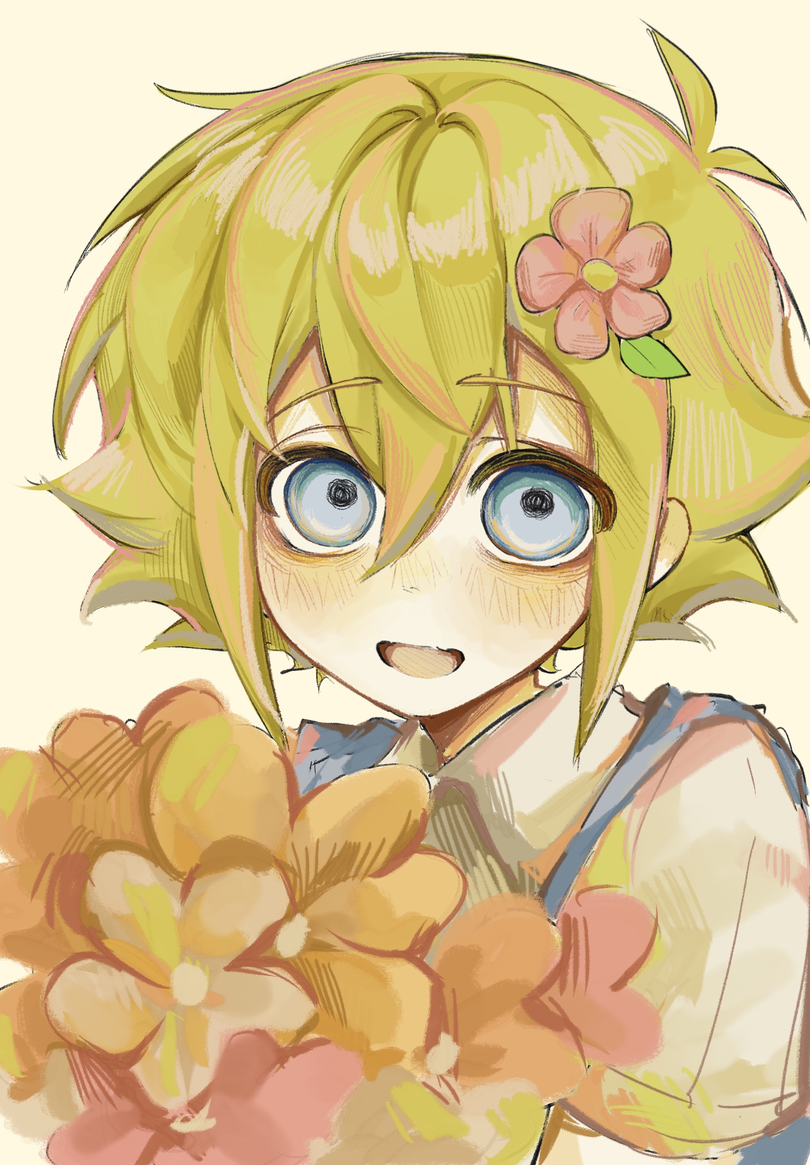 basil (faraway) (omori), basil (omori), omori, highres, 1boy, alternate costume, antenna hair, blonde hair, blue eyes, blue overalls, blush, collared shirt, double-parted bangs, flower, hair between eyes, hair flower, hair ornament, holding, holding flower, looking at viewer, luoqiloveguangyu, male focus, open mouth, overalls, shirt, short hair, short sleeves, sidelocks, smile, solo, upper body, white shirt
