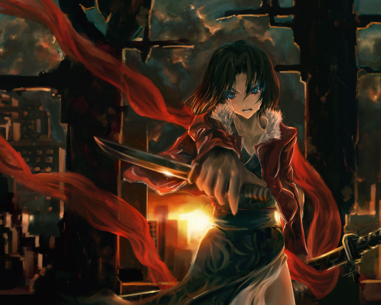archlich, ryougi shiki, kara no kyoukai, 1girl, blue eyes, brown hair, female focus, knife, solo, staring, sunset, sword, tears, weapon