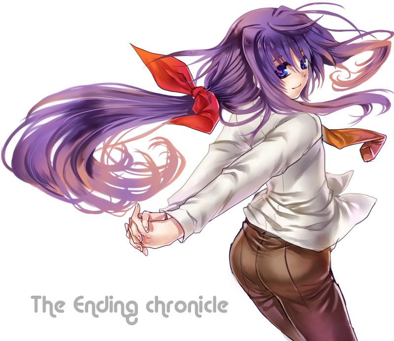 tenkuu sphere, shinjou sadagiri, owari no chronicle, 1girl, bow, female focus, ponytail, purple hair, smile, solo