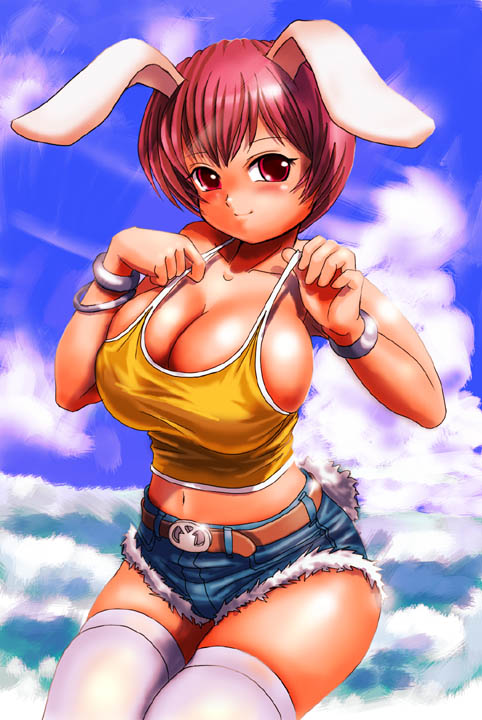 gox, moriichi, 1girl, animal ears, breasts, camisole, cleavage, female focus, huge breasts, rabbit ears, rabbit tail, red eyes, red hair, shirt, short hair, shorts, solo, t-shirt, tail, thighhighs