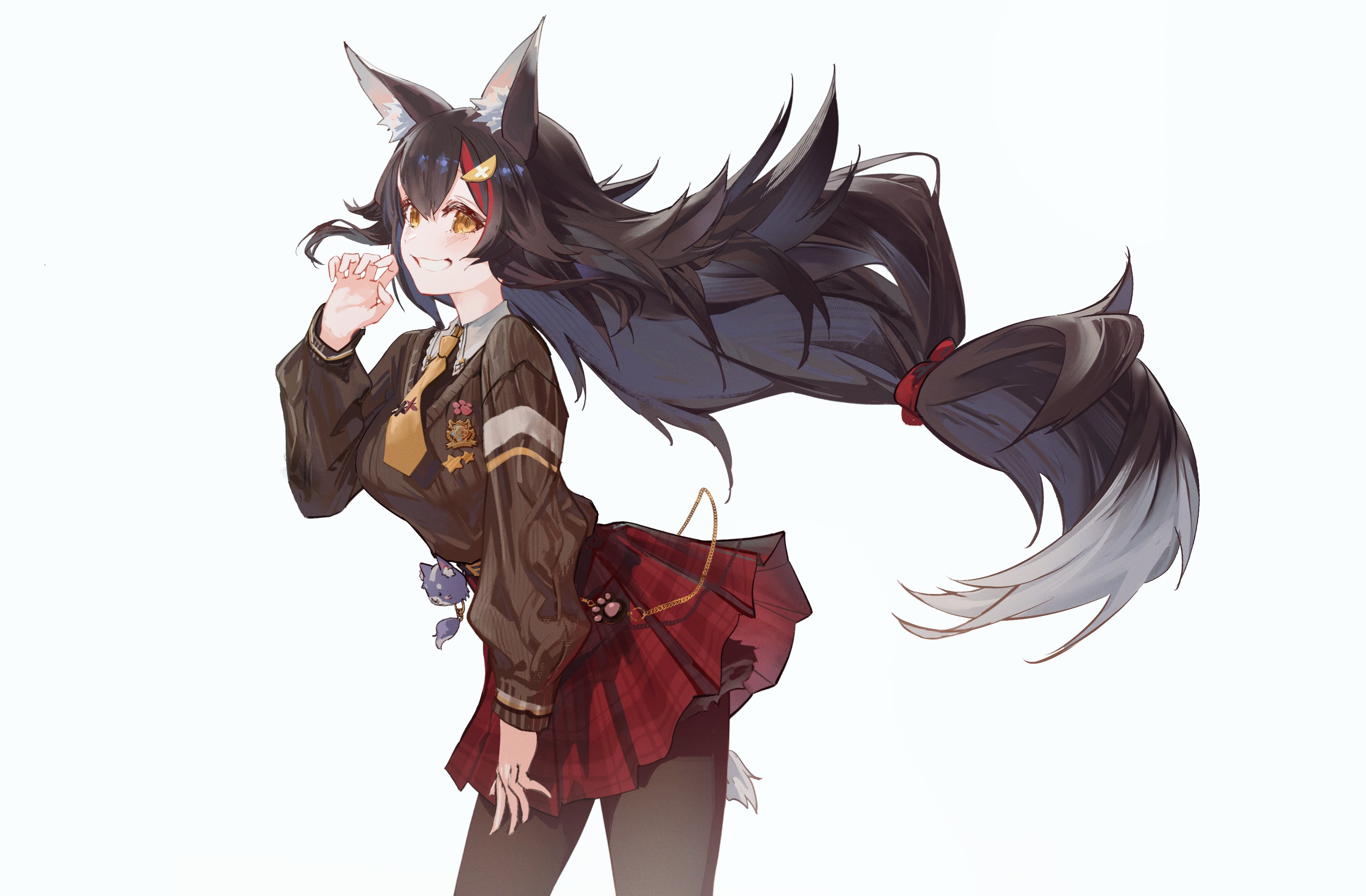 hyde (tabakko), ookami mio, hololive, absurdres, commentary, highres, symbol-only commentary, 1girl, ahoge, animal ear piercing, animal ears, aran sweater, black hair, black pantyhose, brown sweater, brown vest, cable knit, collared shirt, double-parted bangs, grey shirt, grin, hair between eyes, hair ornament, hairclip, long hair, long sleeves, looking at viewer, low-tied long hair, miniskirt, multicolored hair, necktie, official alternate costume, ookami mio (9th costume), pantyhose, plaid clothes, plaid skirt, pleated skirt, puffy long sleeves, puffy sleeves, red hair, red skirt, shirt, short necktie, sidelocks, simple background, skirt, smile, solo, spiked hair, streaked hair, sweater, sweater tucked in, tail, tail around own leg, very long hair, vest, virtual youtuber, white background, white hair, wolf ears, wolf girl, wolf tail, yellow eyes