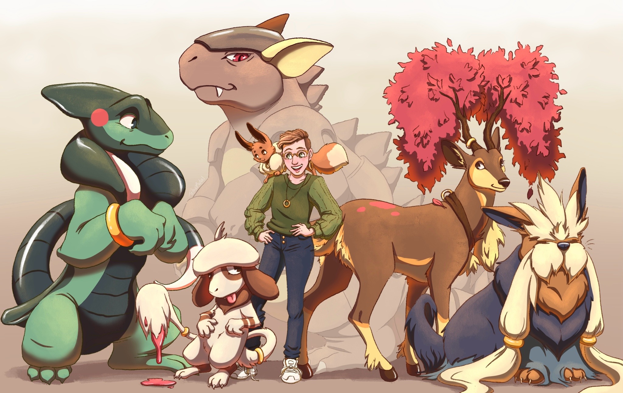 cyclizar, eevee, kangaskhan, sawsbuck, smeargle, stoutland, nintendo, pokemon, commentary, english commentary, highres, 1girl, :d, animal, animal on shoulder, brown hair, earrings, gen 1 pokemon, gen 2 pokemon, gen 5 pokemon, glasses, green shirt, green sweater vest, jewelry, long sleeves, necklace, open mouth, pants, pokemon (creature), red eyes, shirt, shoes, short hair, smile, sneakers, solo, sweater vest, teshadraws, tongue, tongue out