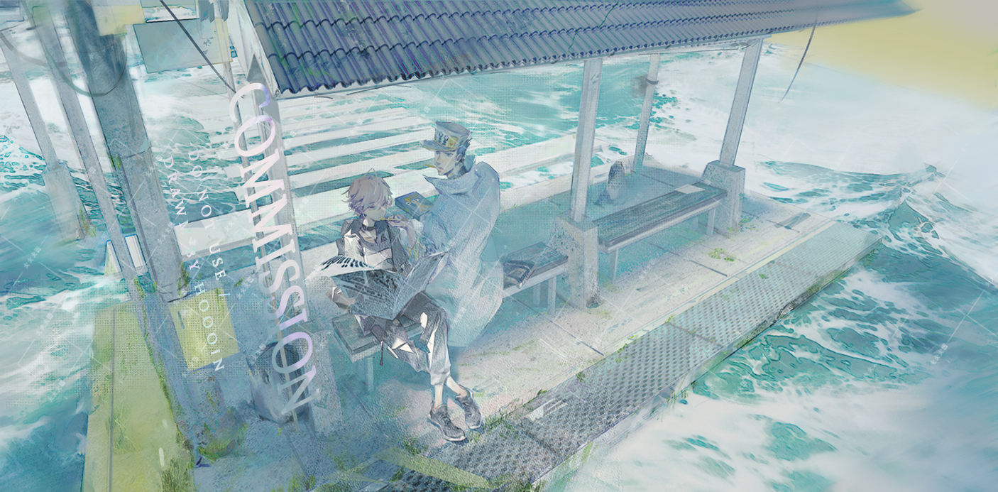yingfeng862, kuujou joutarou, jojo no kimyou na bouken, character request, commentary, commission, 2boys, food, from above, hat, multiple boys, newspaper, pocky, short hair, sitting, water, white hat