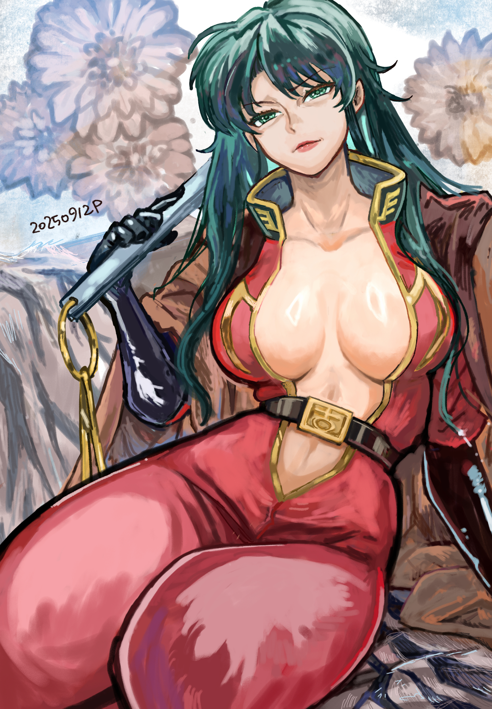 okrdisk2000, cima garahau, gundam, gundam 0083, commentary, highres, 1girl, belt, breasts, dated, gloves, green eyes, green hair, holding, large breasts, lipstick, long hair, looking at viewer, makeup, military, military uniform, ring light reflection, smile, solo, unzipped, zeon