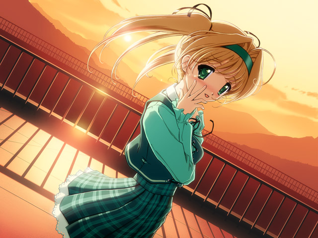 toma (asagayatei), aoi mirai, maple colors, game cg, non-web source, 00s, 1girl, blonde hair, blush, dutch angle, female focus, fence, green eyes, hairband, plaid clothes, plaid skirt, school uniform, serafuku, skirt, sky, solo, sunset, twintails