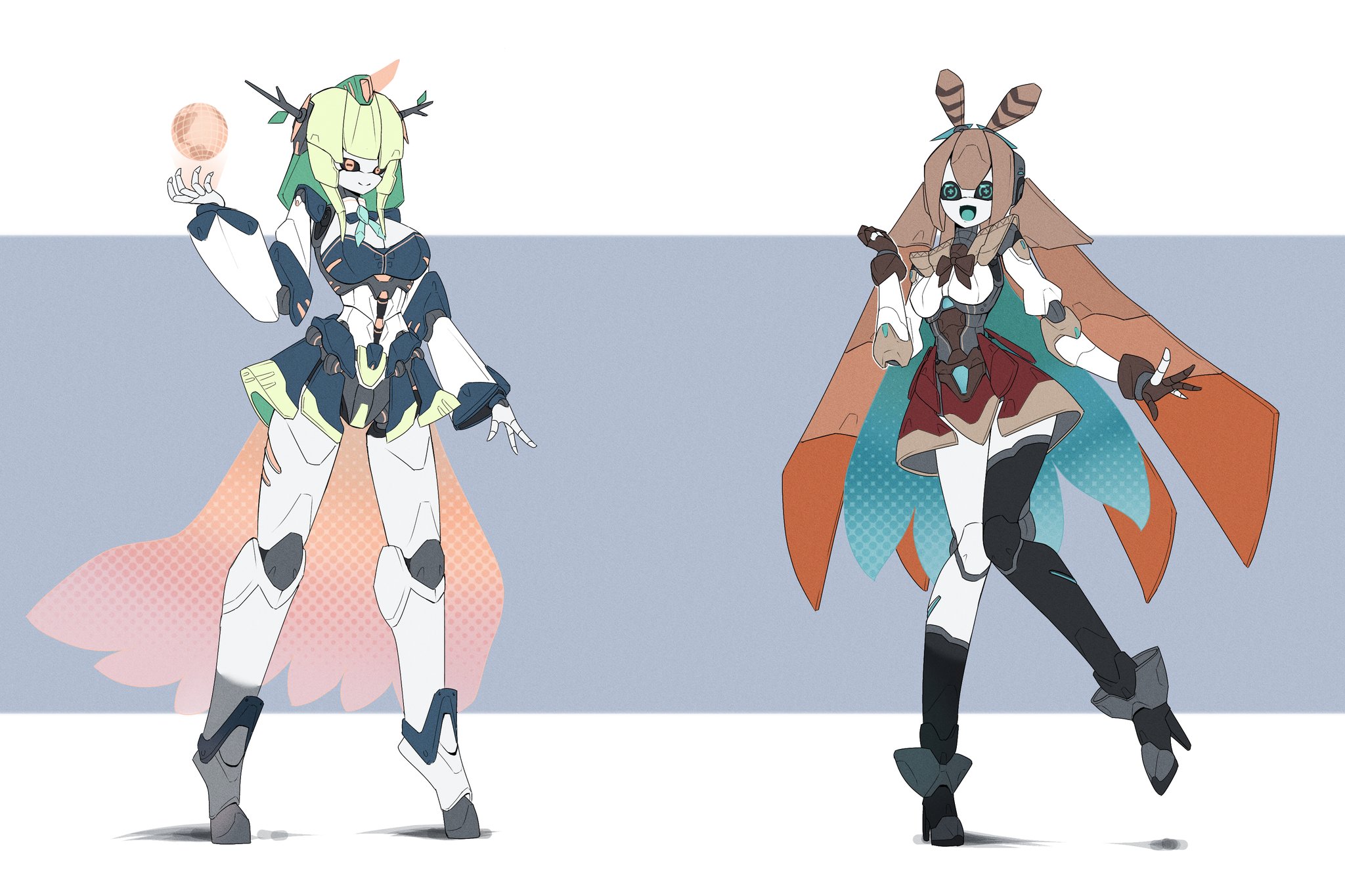 deevious deevi, ceres fauna, ceres fauna (1st costume), nanashi mumei, nanashi mumei (1st costume), hololive, hololive english, highres, ahoge, android, antler ribbon, antlers, apple, blush, braid, braided bangs, branch, breasts, brown capelet, brown cloak, brown eyes, brown hair, capelet, choker, cleavage, cloak, corset, dress, feather hair ornament, feathers, flower, food, fruit, full body, gloves, golden apple, green flower, green hair, green nails, green rose, hair branch, hair flower, hair ornament, hairclip, heart, heart o-ring, heart ring choker, hieroglyphics, horns, humanoid robot, jewelry, joints, knee strap, kneehighs, large breasts, long hair, looking at viewer, mechanical hair, mechanization, metal hair, metal skin, mole, mole under eye, multicolored hair, multiple girls, o-ring, o-ring choker, partially fingerless gloves, planet hair ornament, ponytail, robot, robot girl, robot joints, rose, runes, science fiction, shirt, single kneehigh, single sock, skirt, smile, socks, streaked hair, tree horns, very long hair, virtual youtuber, white hair, white shirt, yellow eyes