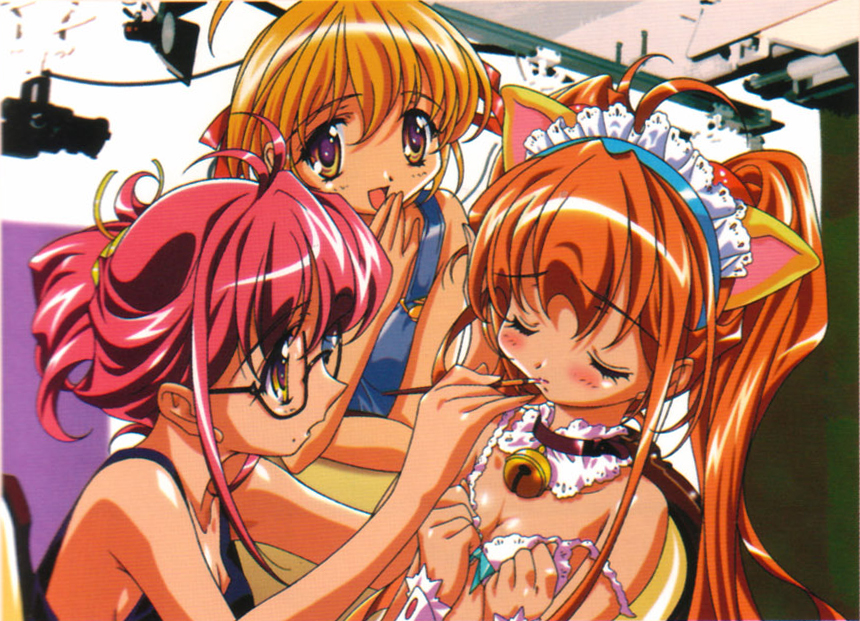 sugiyama genshou, animal ears, bell, blush, cat ears, collar, glasses, orange hair, pink hair