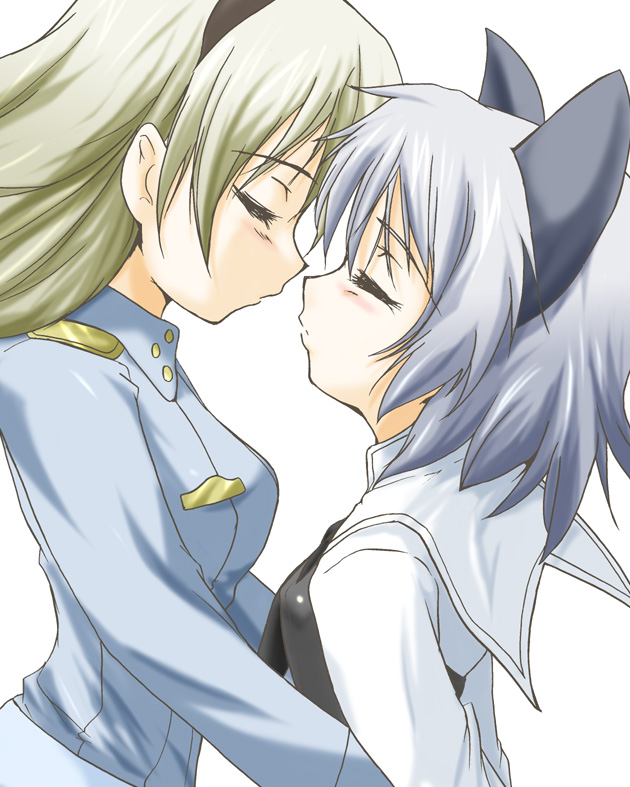 urutsu sahari, eila ilmatar juutilainen, sanya v. litvyak, strike witches, world witches series, 00s, 2girls, animal ears, blush, closed eyes, couple, imminent kiss, kiss, multiple girls, yuri