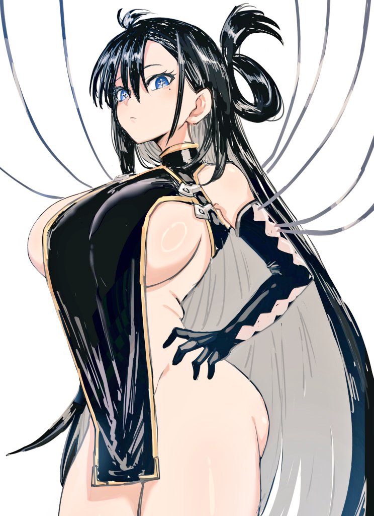 kuniruri natsuki, nue no onmyouji, 1girl, black hair, blue eyes, breasts, large breasts, long hair, sideboob, solo