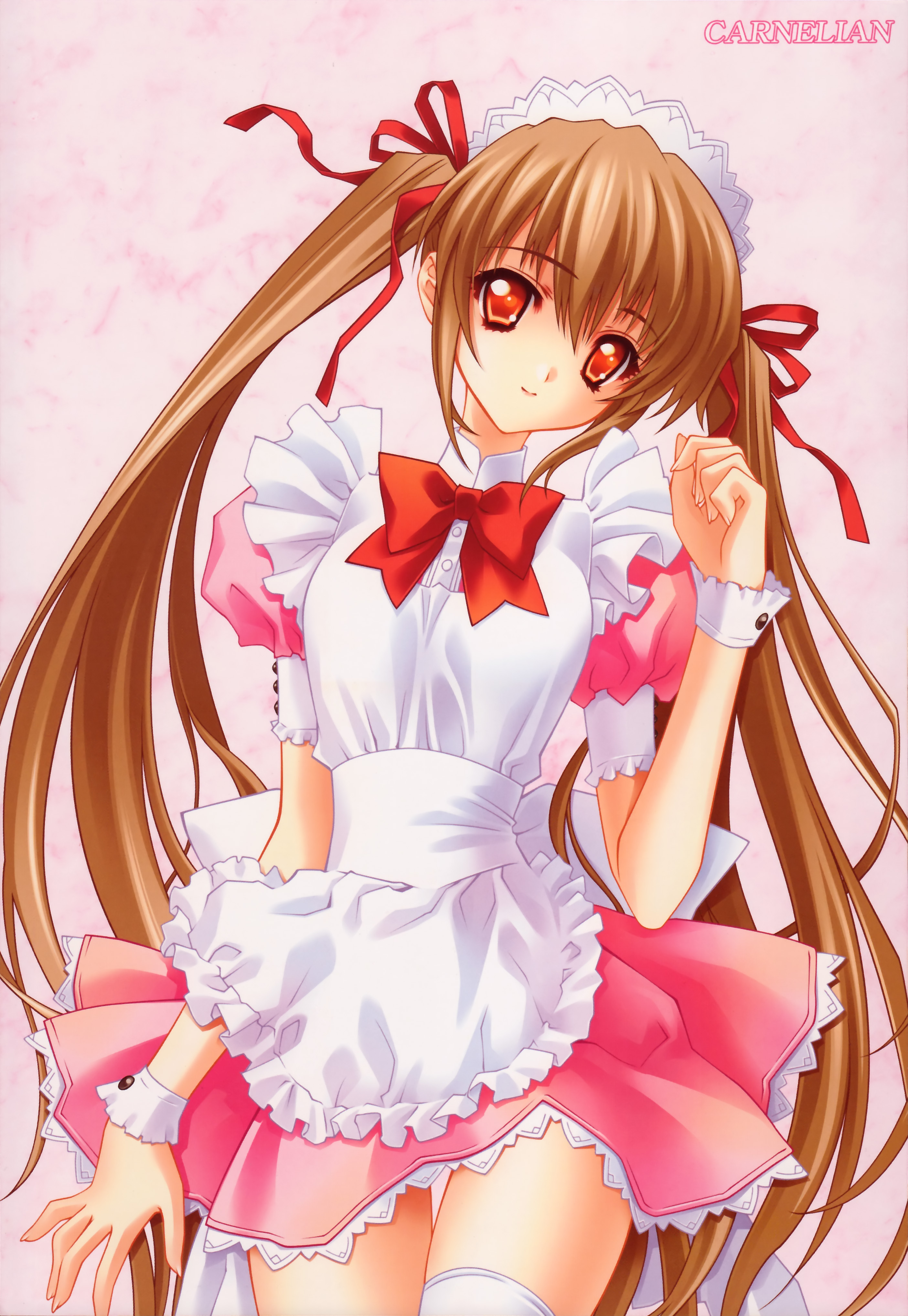 carnelian, dreamparty, absurdres, highres, scan, 1girl, apron, brown hair, female focus, long hair, maid, maid apron, solo, thighhighs, twintails, wrist cuffs