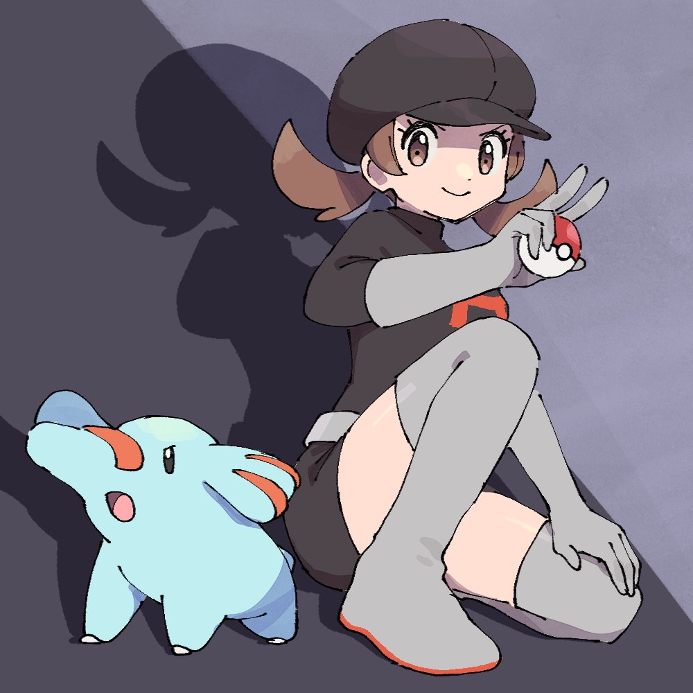 pumpkinpan, lyra (pokemon), phanpy, nintendo, pokemon, pokemon hgss, 1girl, black shirt, black skirt, boots, breasts, brown eyes, brown hair, closed mouth, cosplay, elbow gloves, gen 2 pokemon, gloves, grey boots, hat, holding, holding poke ball, long hair, open mouth, poke ball, poke ball (basic), pokemon (creature), shirt, skirt, smile, team rocket, team rocket uniform, thigh boots, twintails