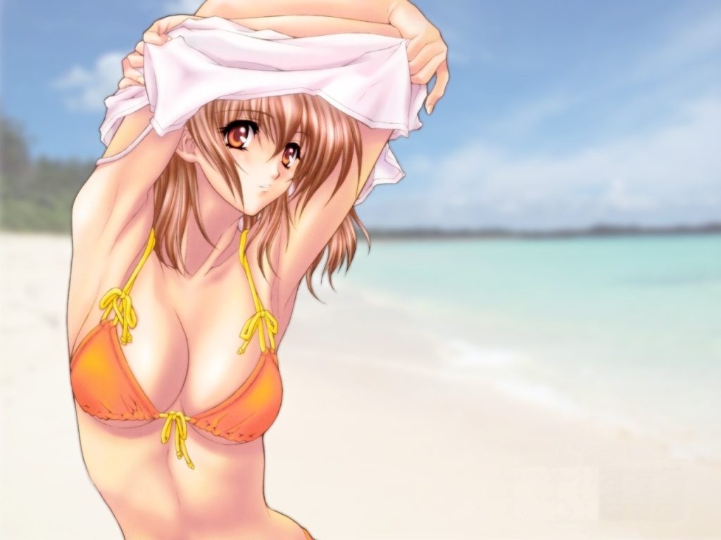 nas-o, non-web source, 1girl, arms up, beach, bikini, bikini top only, breasts, brown hair, cleavage, day, female focus, long hair, orange eyes, outdoors, solo, swimsuit, undressing