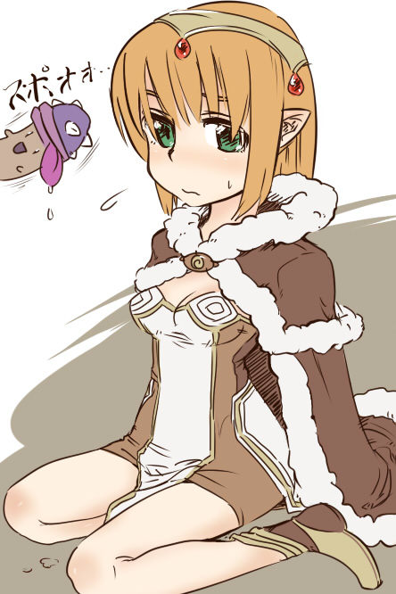 high wizard (ragnarok online), ragnarok online, commentary request, translation request, 1girl, blonde hair, boots, breasts, brown boots, brown cape, brown dress, cape, circlet, cleavage, closed mouth, dress, expressionless, full body, fur-trimmed cape, fur trim, green eyes, long hair, looking at viewer, matoo, mushroom, phallic symbol, pointy ears, poison spore, short dress, small breasts, solo, two-tone dress, white dress
