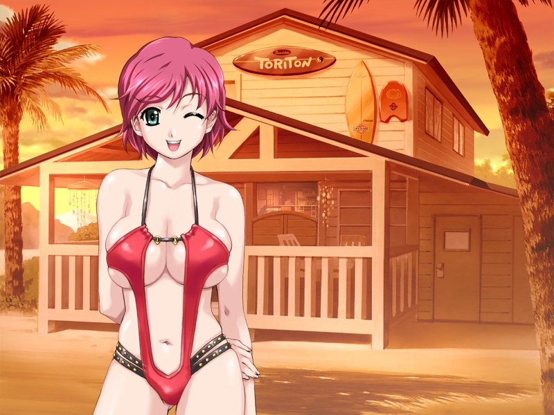 happoubi jin, iihara nao, resort boin, game cg, non-web source, 00s, 1girl, beach house, bikini, breasts, cleavage, female focus, green eyes, navel, one eye closed, pink hair, short hair, slingshot swimsuit, solo, swimsuit, wink