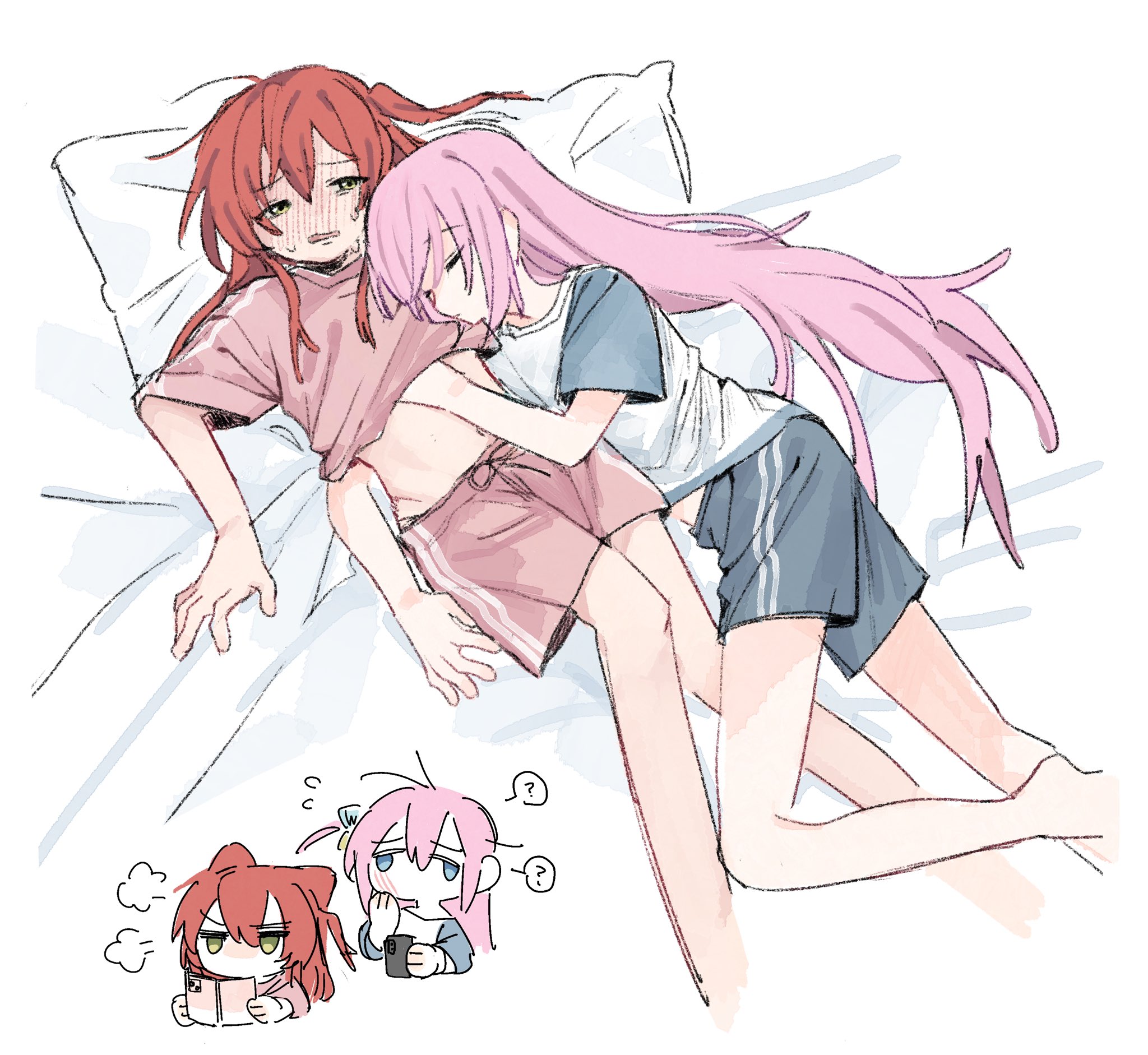 ph401, gotoh hitori, kita ikuyo, bocchi the rock!, highres, 2girls, ?, animal ears, blush, cat ears, cellphone, cube hair ornament, full-face blush, groping, hair ornament, hand in another's shirt, head on pillow, holding, holding phone, long hair, multiple girls, on bed, pajamas, phone, pillow, pink hair, puff of air, red hair, side ahoge, side ponytail, slap mark, sleep molestation, sleeping, smartphone, sweat, white background, yellow eyes, yuri