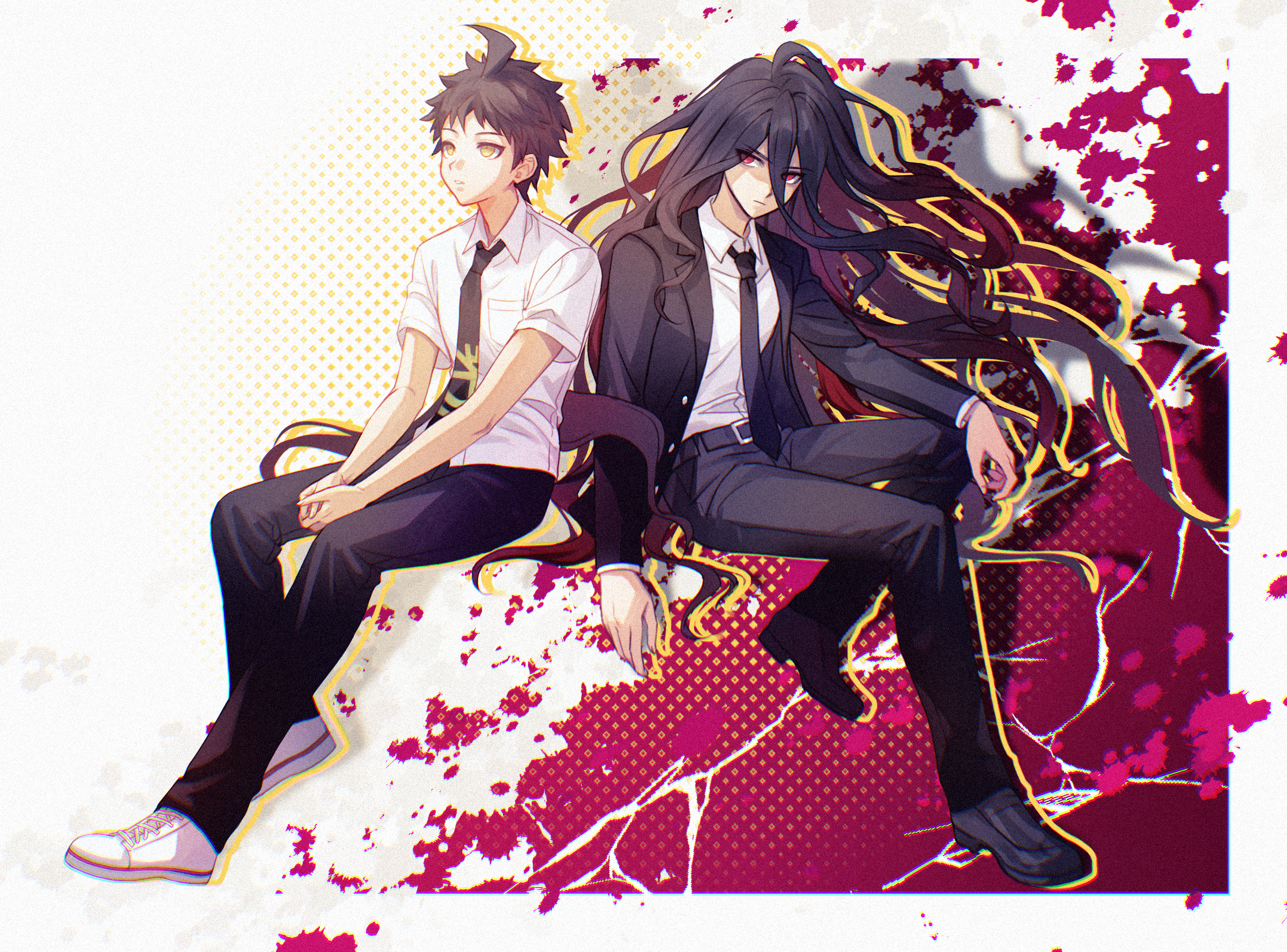 cyacyacyacyaki, hinata hajime, kamukura izuru, danganronpa (series), danganronpa 2: goodbye despair, highres, 2boys, ahoge, belt, black belt, black jacket, black necktie, black pants, black shoes, brown hair, collared shirt, dual persona, expressionless, full body, green eyes, jacket, long hair, male focus, multiple boys, necktie, open clothes, open jacket, pants, parted lips, red eyes, shirt, shirt tucked in, shoes, short hair, white shirt, white shoes