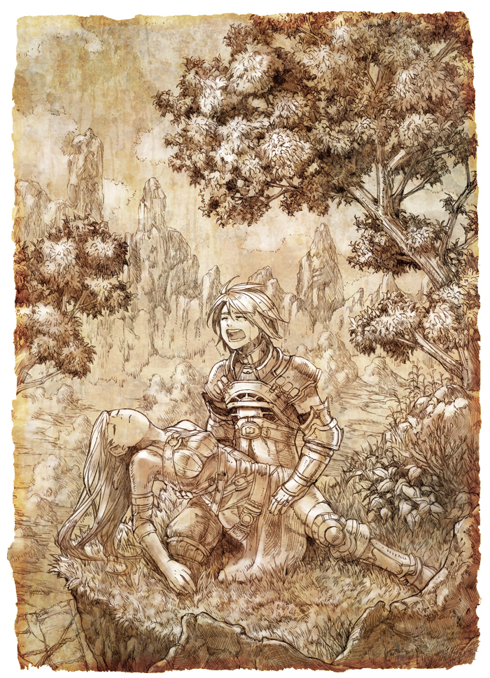 isakawa megumi, original, bad id, bad pixiv id, 1boy, 1girl, armor, blonde hair, gloves, monochrome, sepia, tears, unconscious