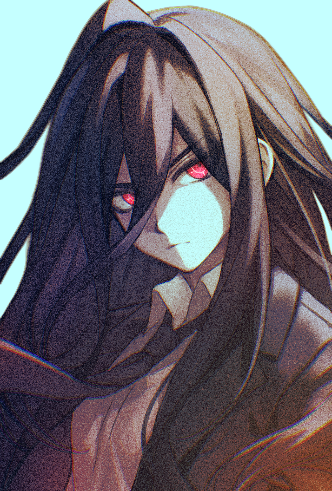 cyacyacyacyaki, kamukura izuru, danganronpa (series), danganronpa 2: goodbye despair, highres, 1boy, ahoge, black jacket, black necktie, blue background, collared shirt, film grain, frown, furrowed brow, hair between eyes, jacket, male focus, necktie, red eyes, shirt, sideways glance, solo, upper body, white shirt