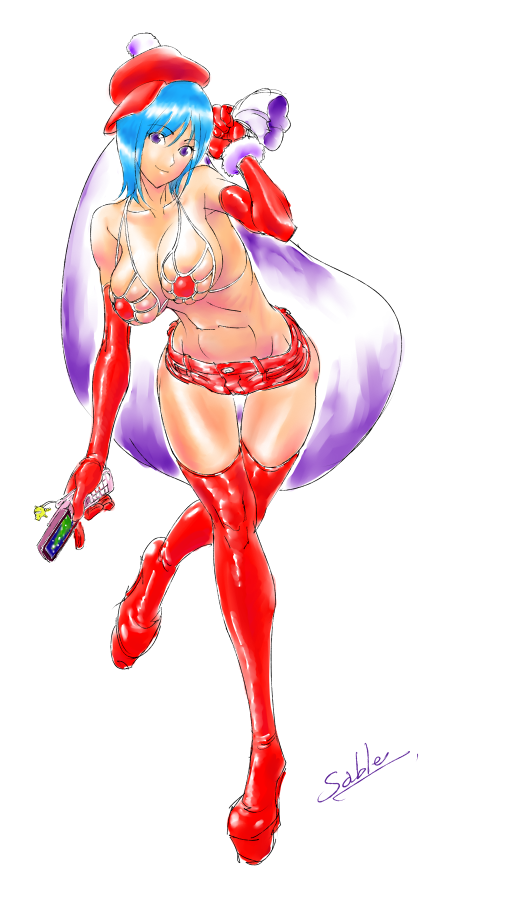 suna (sandworks), original, 1girl, bikini, bikini top only, blue hair, breasts, cellphone, christmas, elbow gloves, female focus, gloves, high heels, large breasts, phone, platform shoes, purple eyes, red gloves, santa costume, shoes, short shorts, shorts, solo, swimsuit, thighhighs
