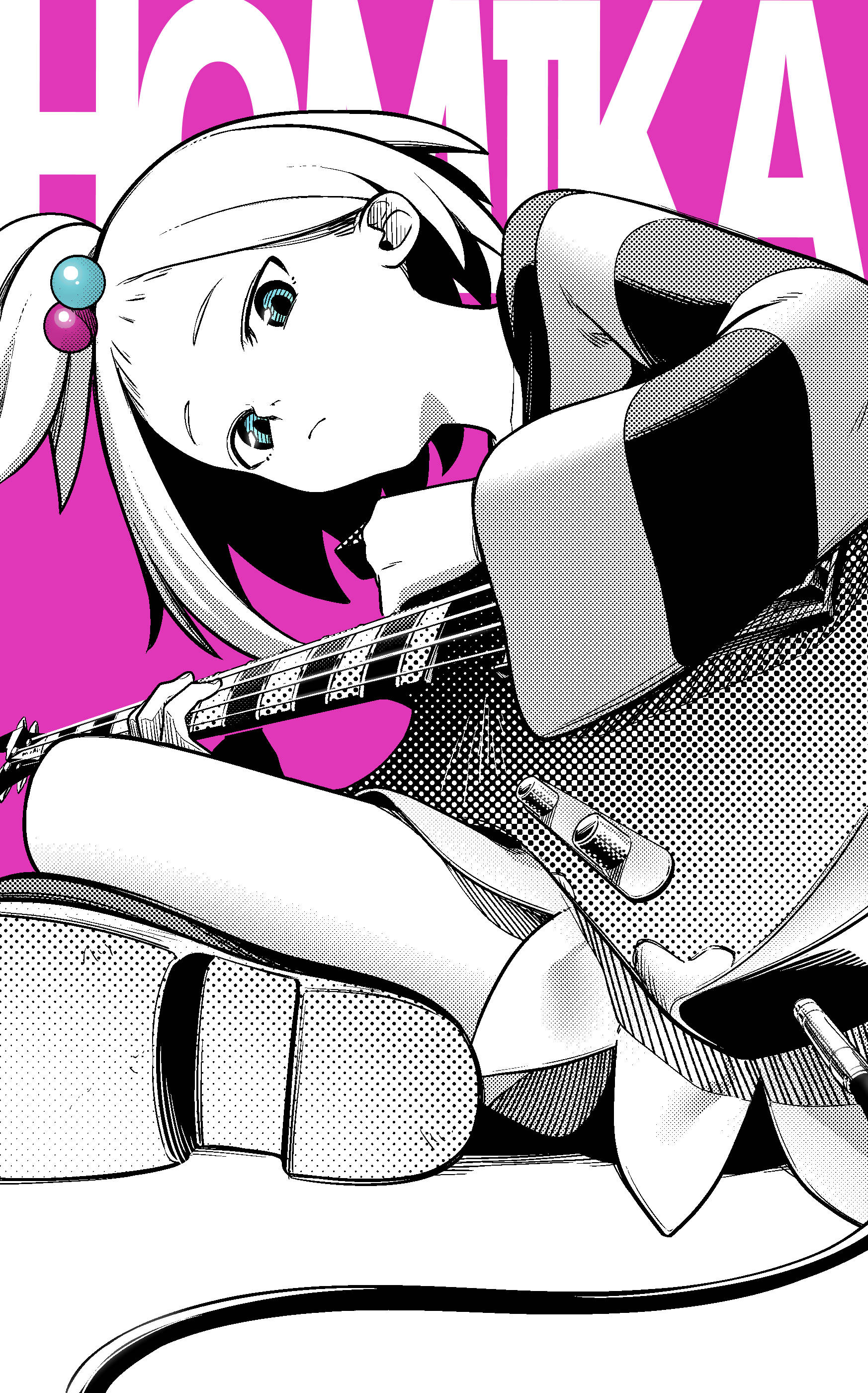 aki the beast, roxie (pokemon), nintendo, pokemon, pokemon bw2, absurdres, commentary request, highres, 1girl, bass guitar, blue eyes, boots, cable, character name, closed mouth, crossed legs, dress, forehead, greyscale with colored background, hair bobbles, hair ornament, holding, instrument, looking at viewer, multicolored hair bobbles, pink background, short hair, simple background, solo, spot color, striped clothes, striped dress, topknot, white hair