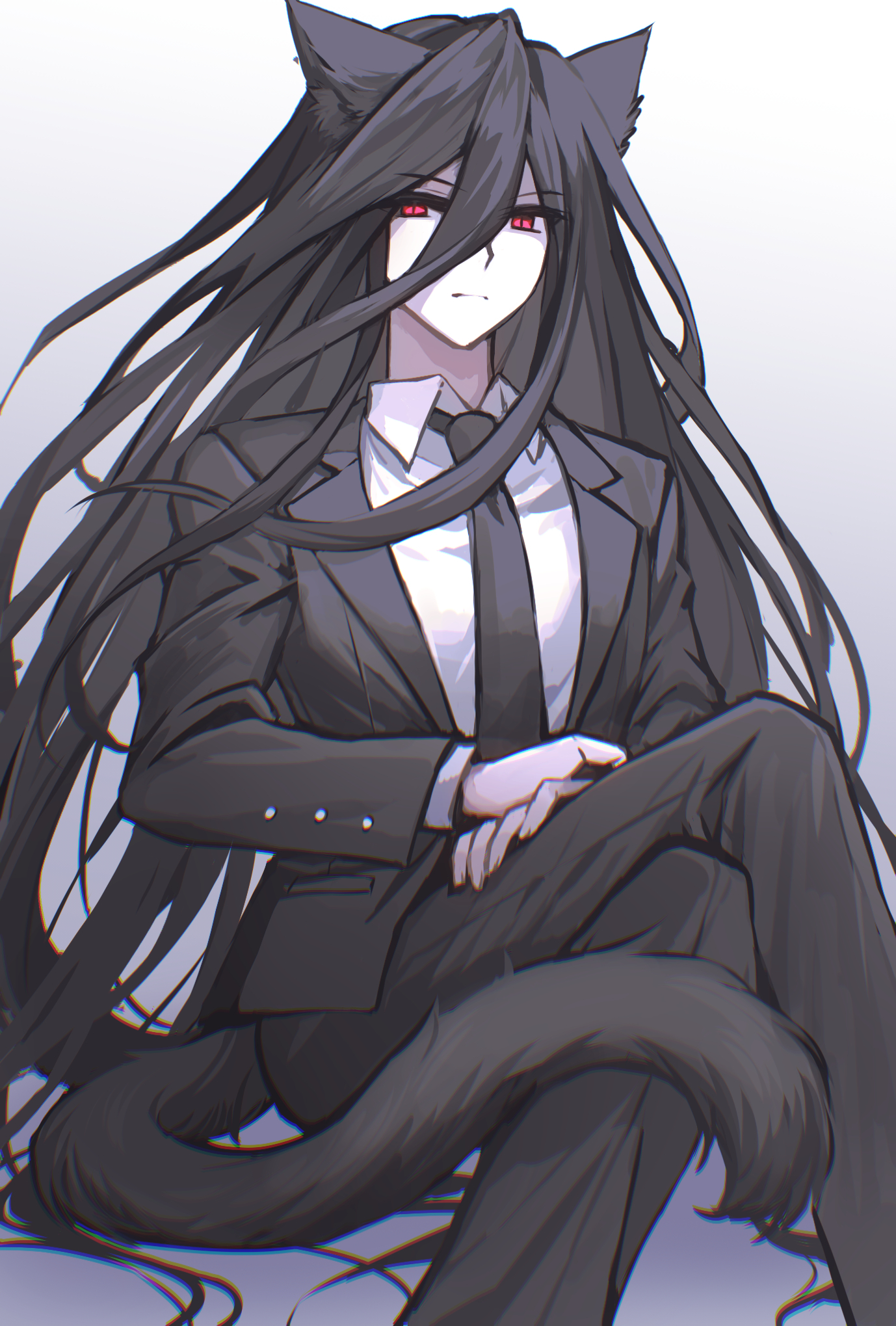 cyacyacyacyaki, kamukura izuru, danganronpa (series), danganronpa 2: goodbye despair, highres, 1boy, animal ears, black hair, black jacket, black necktie, black pants, cat boy, cat ears, cat tail, collared shirt, crossed legs, expressionless, hair between eyes, jacket, kemonomimi mode, long hair, male focus, necktie, open clothes, open jacket, own hands together, pants, red eyes, shirt, solo, tail, very long hair, white shirt