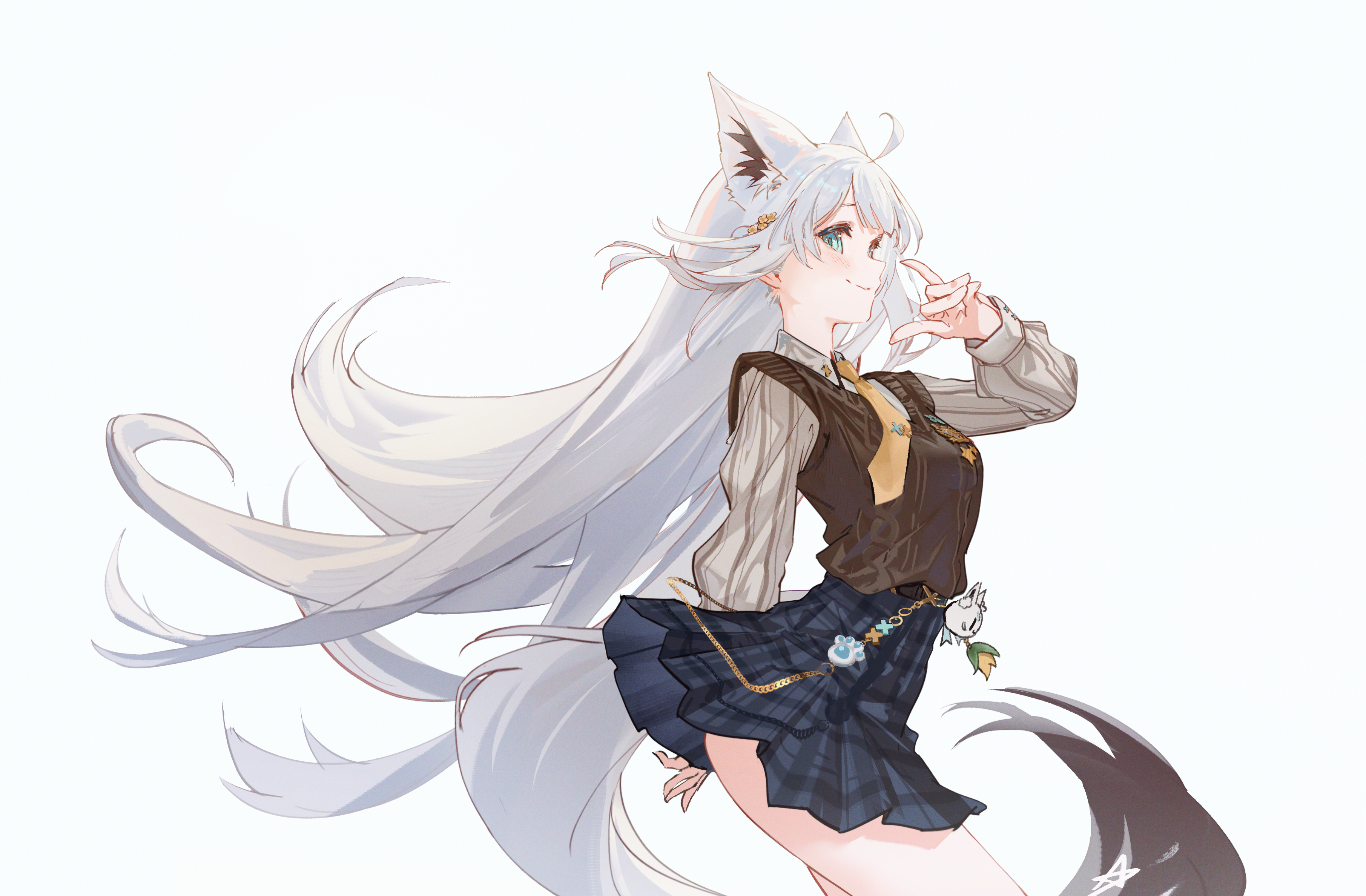 hyde (tabakko), shirakami fubuki, hololive, absurdres, commentary, highres, symbol-only commentary, 1girl, ahoge, animal ear piercing, animal ears, aqua eyes, aran sweater, black skirt, brown vest, cable knit, collared shirt, double-parted bangs, extra ears, fox ears, fox girl, fox shadow puppet, fox tail, from side, grey shirt, hair between eyes, hair ornament, hairclip, hand up, long hair, long sleeves, looking at viewer, miniskirt, multicolored hair, neckerchief, necktie, official alternate costume, pantyhose, plaid clothes, plaid skirt, pleated skirt, puffy long sleeves, puffy sleeves, shirakami fubuki (11th costume), shirt, short necktie, simple background, skirt, smile, solo, streaked hair, sweater, sweater vest, tail, very long hair, vest, virtual youtuber, white hair, yellow eyes