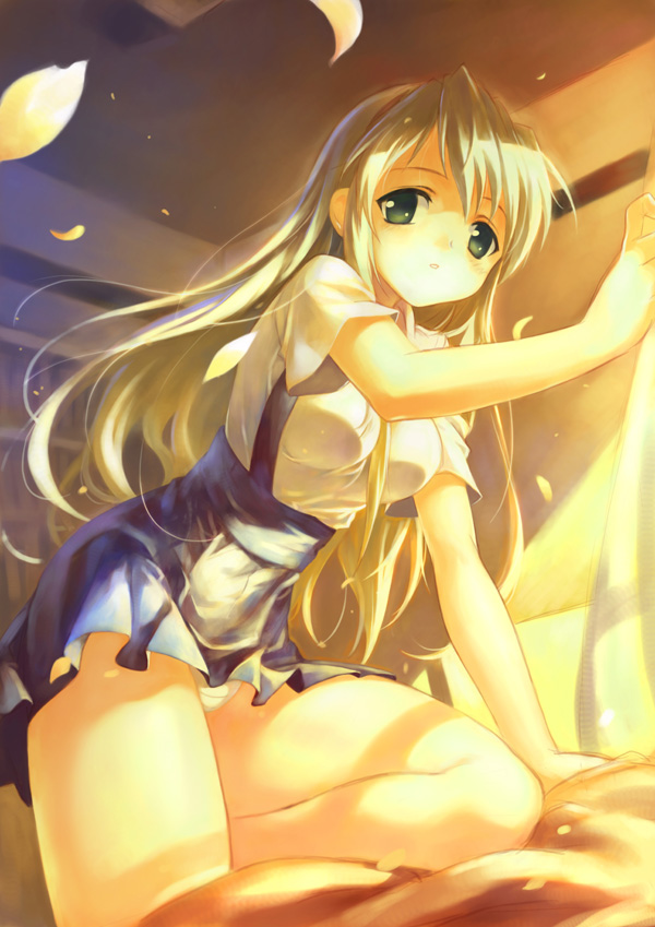 ldld2, sakagami tomoyo, clannad, silver hair, 00s, 1girl, bare legs, female focus, green eyes, long hair, miniskirt, panties, pantyshot, petals, school uniform, short sleeves, skirt, solo, sunlight, underwear, upskirt, white panties, wind
