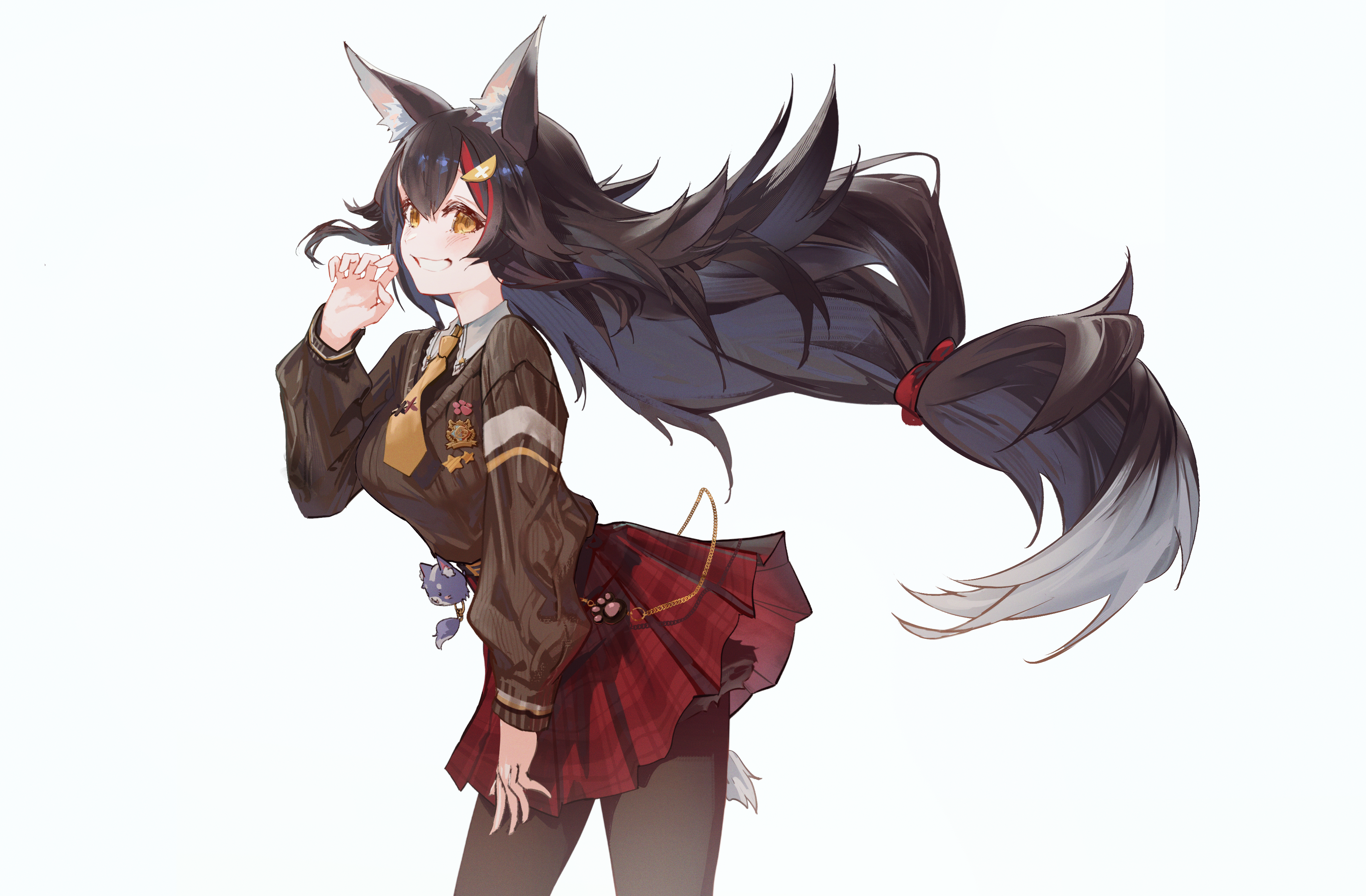 hyde (tabakko), ookami mio, hololive, absurdres, commentary, highres, symbol-only commentary, 1girl, ahoge, animal ear piercing, animal ears, aran sweater, black hair, black pantyhose, brown sweater, brown vest, cable knit, collared shirt, double-parted bangs, grey shirt, grin, hair between eyes, hair ornament, hairclip, long hair, long sleeves, looking at viewer, low-tied long hair, miniskirt, multicolored hair, necktie, official alternate costume, ookami mio (9th costume), pantyhose, plaid clothes, plaid skirt, pleated skirt, puffy long sleeves, puffy sleeves, red hair, red skirt, shirt, short necktie, sidelocks, simple background, skirt, smile, solo, spiked hair, streaked hair, sweater, sweater tucked in, tail, tail around own leg, very long hair, vest, virtual youtuber, white background, white hair, wolf ears, wolf girl, wolf tail, yellow eyes