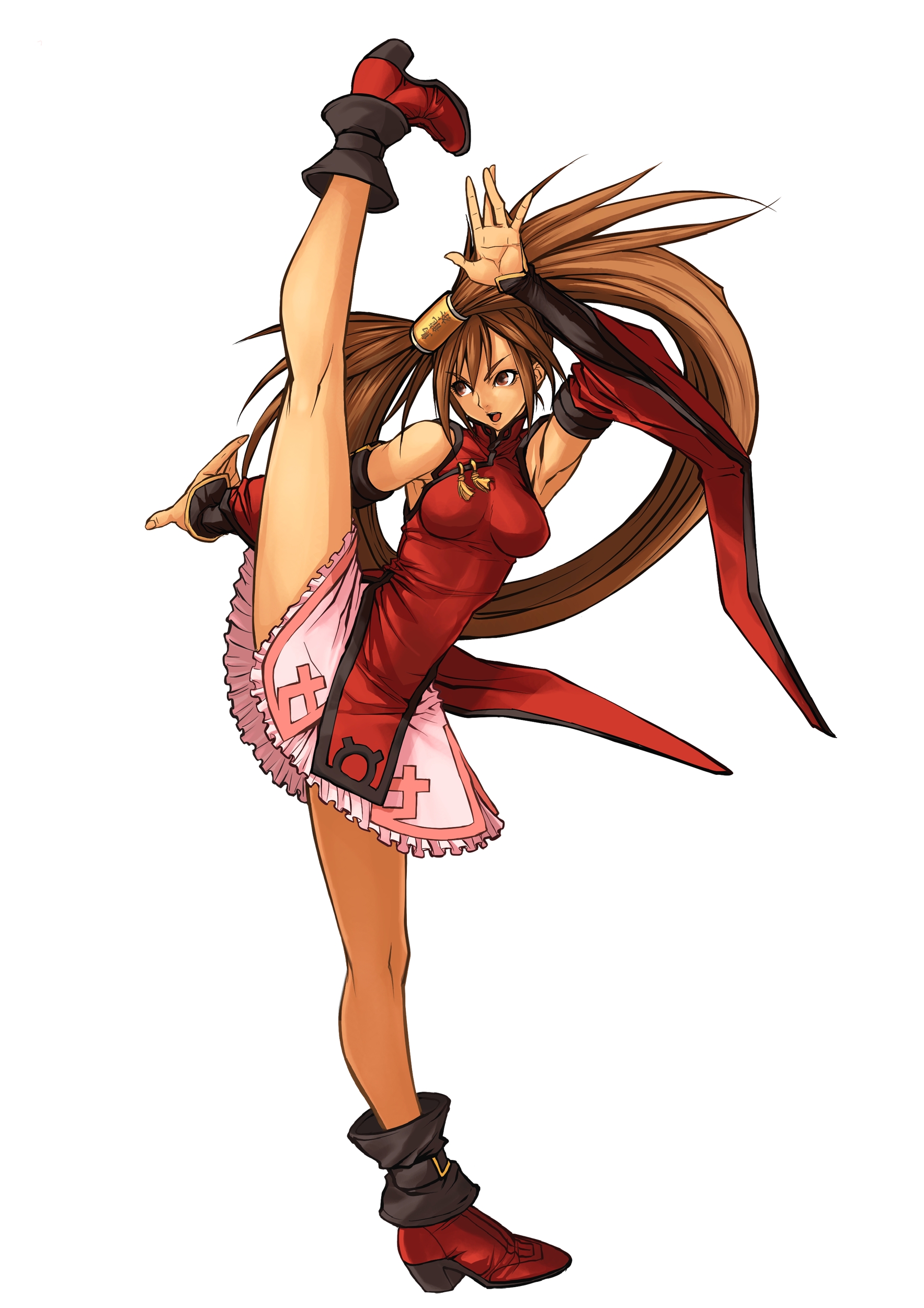 kuradoberi jam, arc system works, guilty gear, guilty gear xx, absurdres, highres, non-web source, official art, 1girl, armpits, boots, brown eyes, brown hair, detached sleeves, female focus, full body, hair rings, high heel boots, high heels, high kick, kicking, long hair, red boots, simple background, single hair ring, solo, split, standing, standing on one leg, standing split, very long hair, white background