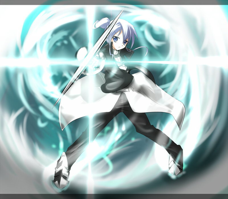 katou (kat0), riesbyfe stridberg, melty blood, tsukihime, type-moon, bad id, bad pixiv id, 00s, 1girl, blue eyes, coat, female focus, grey hair, pile bunker, ponytail, sidelocks, solo, trench coat, true apocrypha, weapon