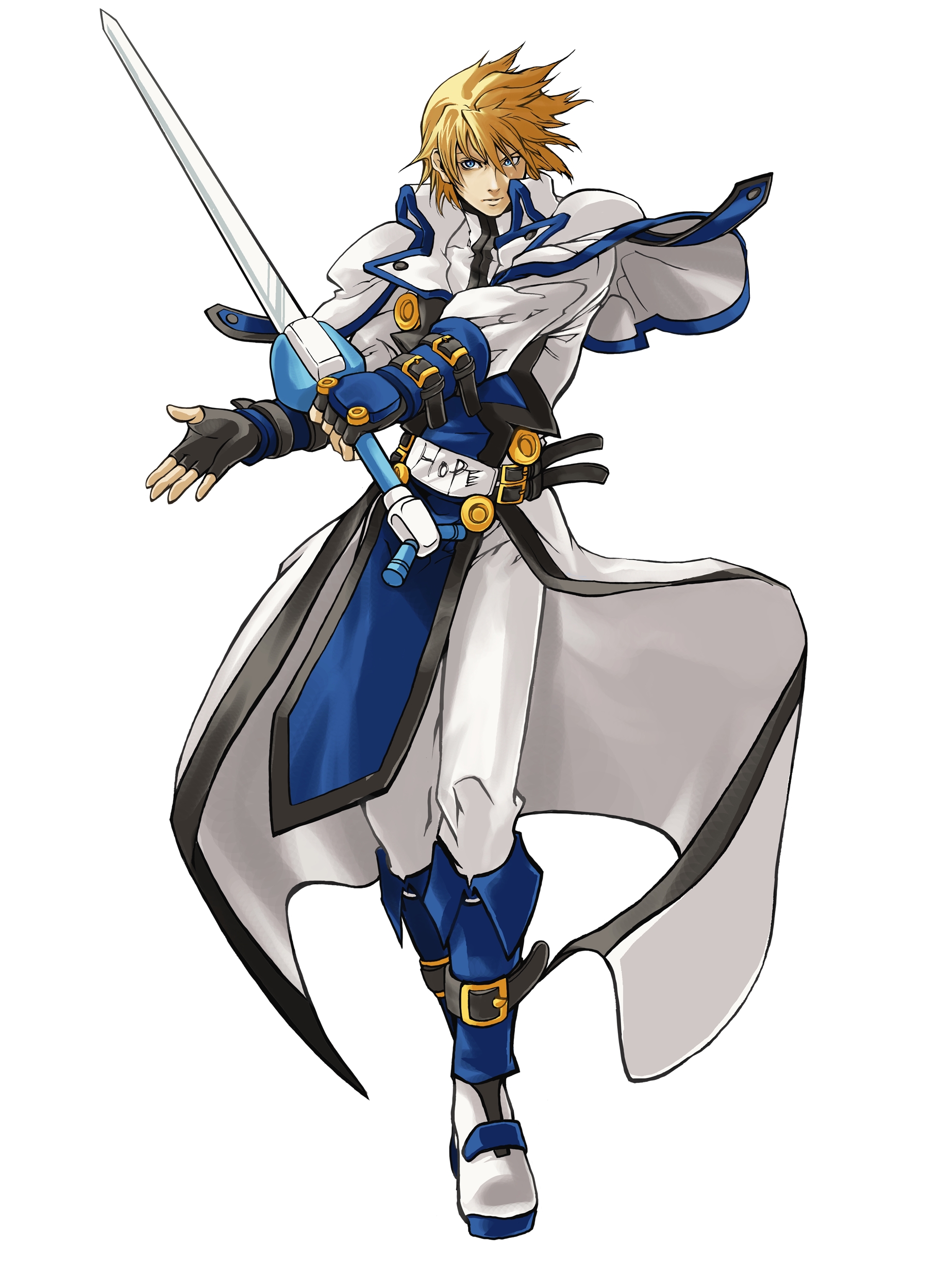 ky kiske, arc system works, guilty gear, guilty gear x, guilty gear xx, absurdres, highres, non-web source, official art, 1boy, blonde hair, blue eyes, gauntlets, male focus, solo, sword, tabard, weapon